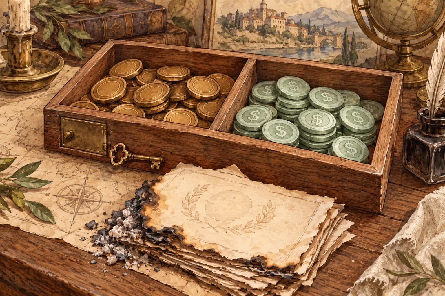 Warm-paper concept illustration: burned LP receipts sit beside a trading pool while an administrator key opens a separate token-withdrawal route.