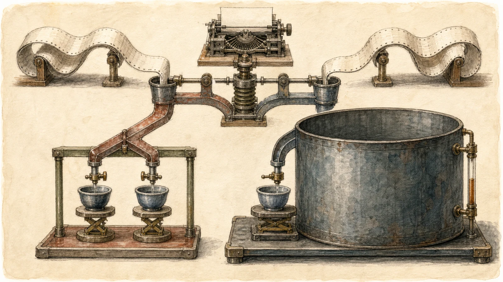 A hand-drawn stream splits into a 32-bit lane with two tiny cups and a 64-bit lane with a huge reservoir before both converge on the same undersized input buffer.