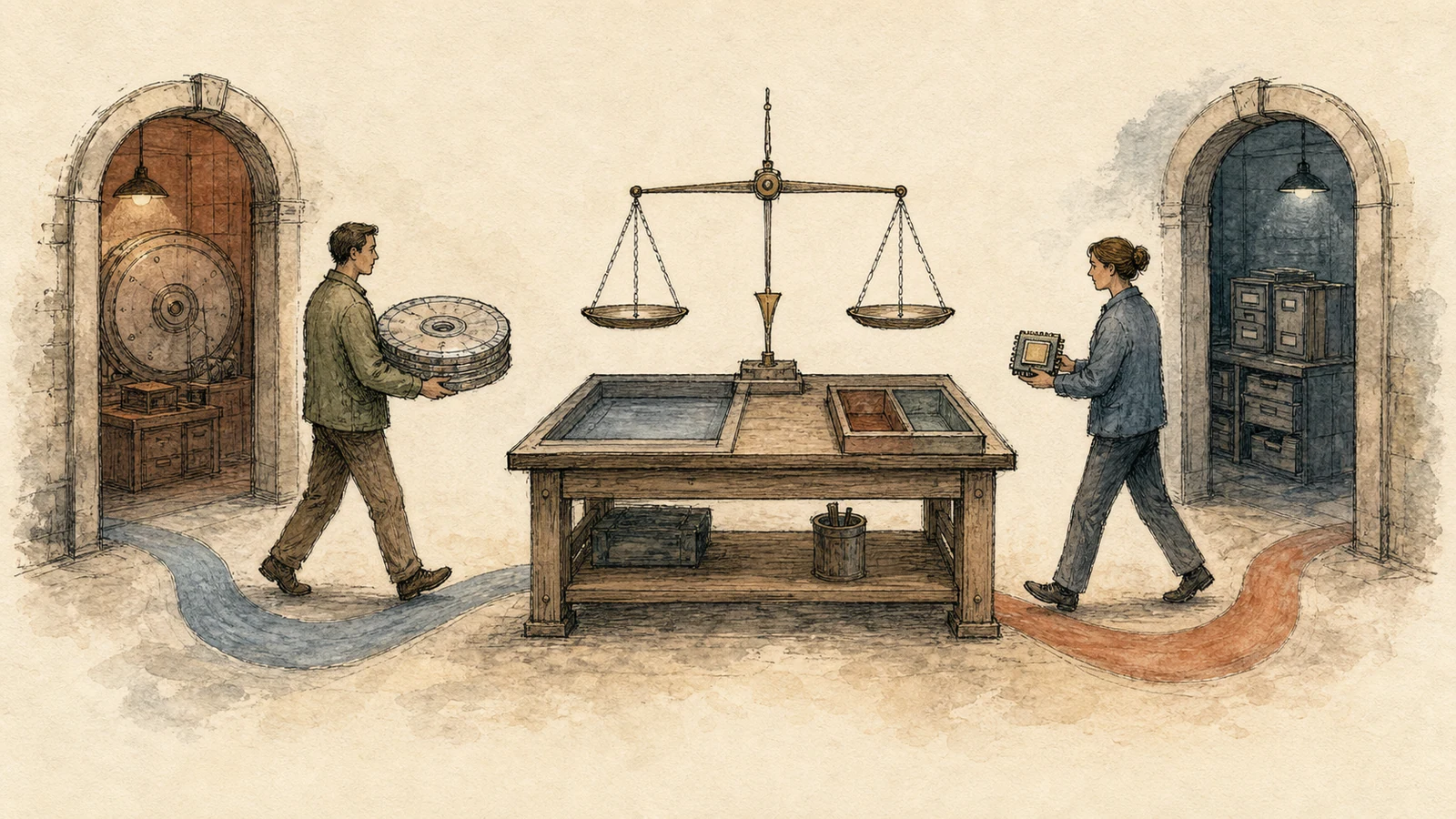 A warm hand-drawn diagram follows a volume-scale token and an attribute-compression token through separate rooms until they meet inside a stream object above two allocation trays.