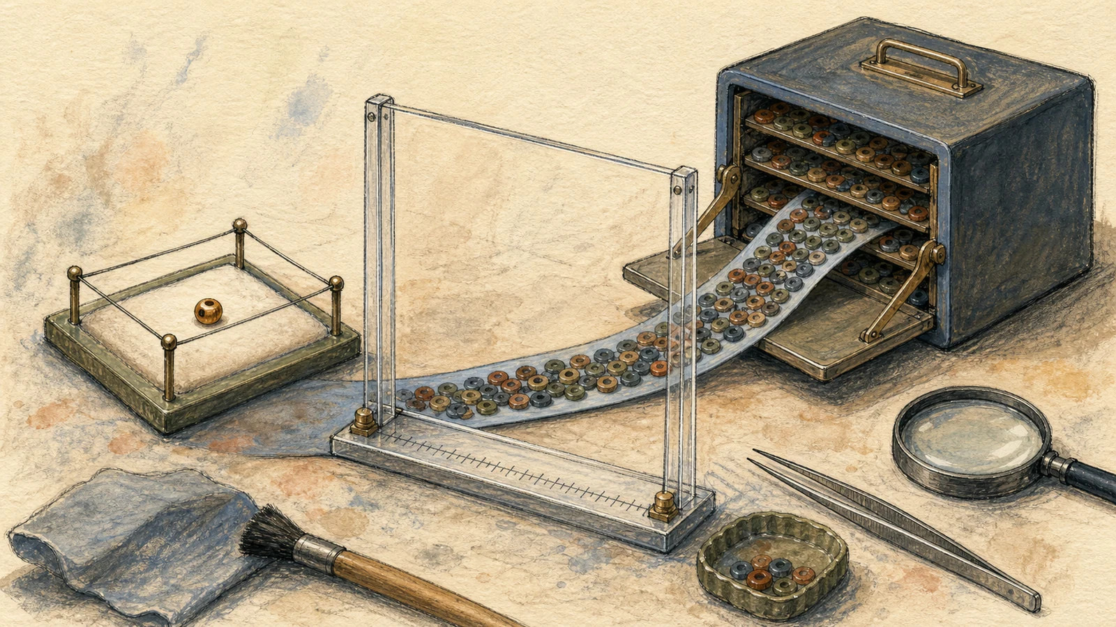 A hand-drawn tiny input parcel sits beside a stream-object cabinet while a broad controlled data ribbon crosses the parcel and reaches the cabinet's dispatch tab.