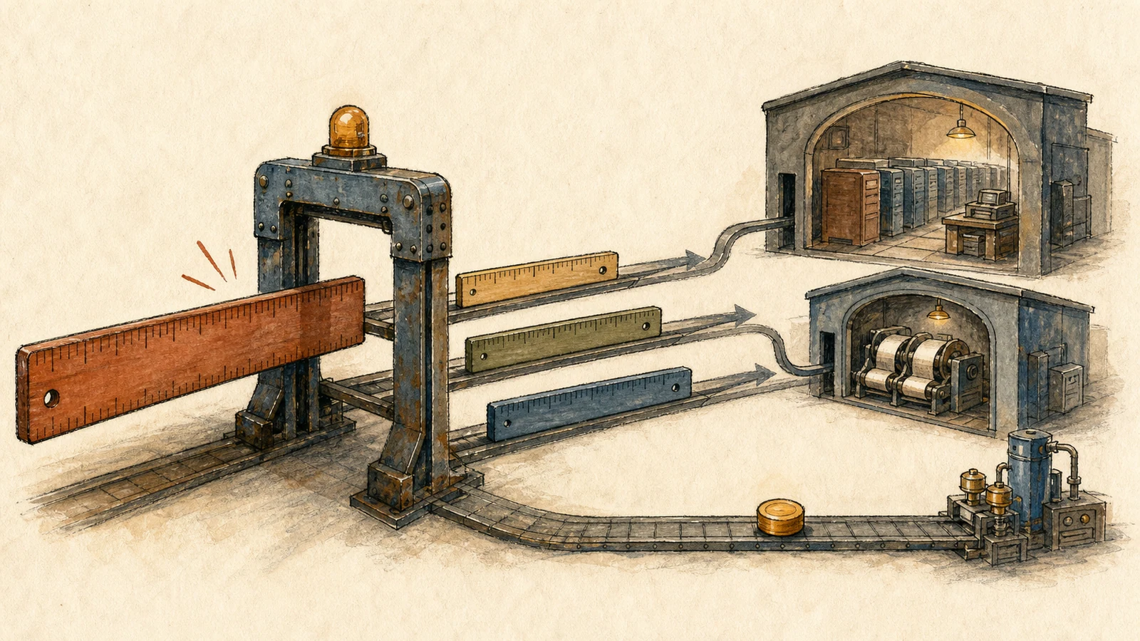 A hand-drawn boot-sector scale approaches a gate set at the supported two-mebibyte mark, with ordinary volumes passing and oversized geometry stopped before MFT and stream rooms.