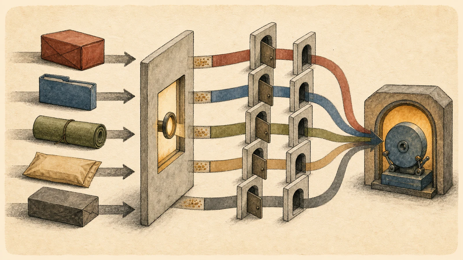 A hand-drawn line of files wearing different outer wrappers passes a signature inspection window, where the same NTFS seal at the fourth byte routes them to one parser doorway.