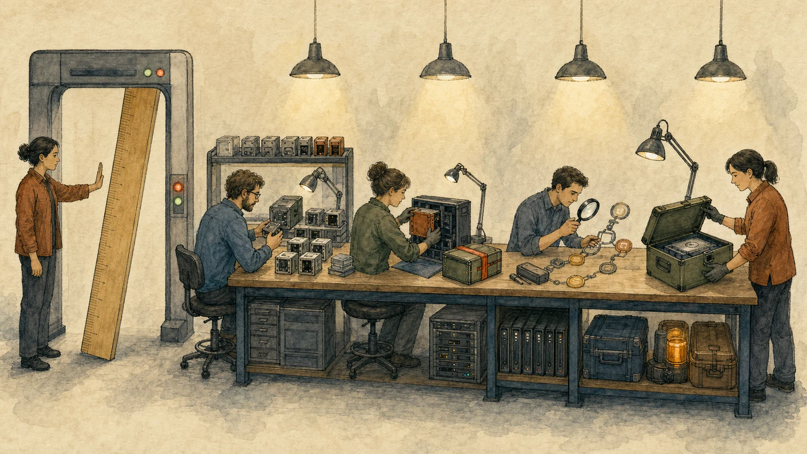 A hand-drawn laboratory gate rejects an oversized disk ruler, then a response team inventories parser copies, replaces them, hunts historical jobs, and seals an evidence box.