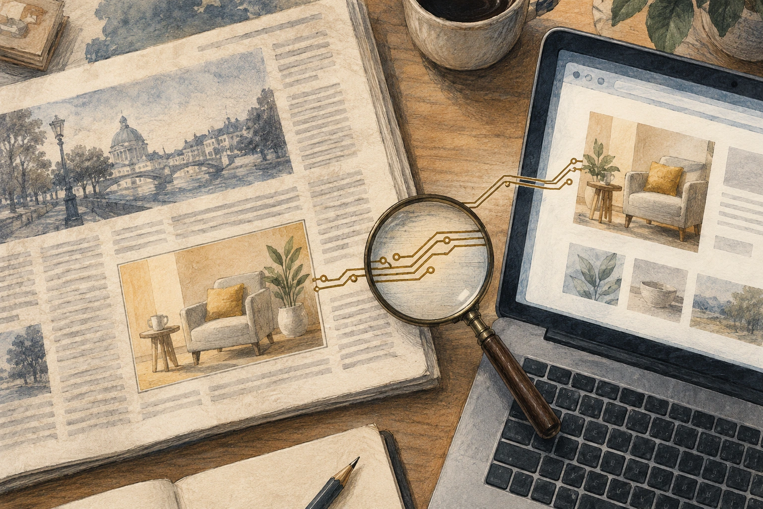 On a warm-paper investigation desk, a newspaper advertisement connects to a laptop page through fine traces examined under a magnifying glass.