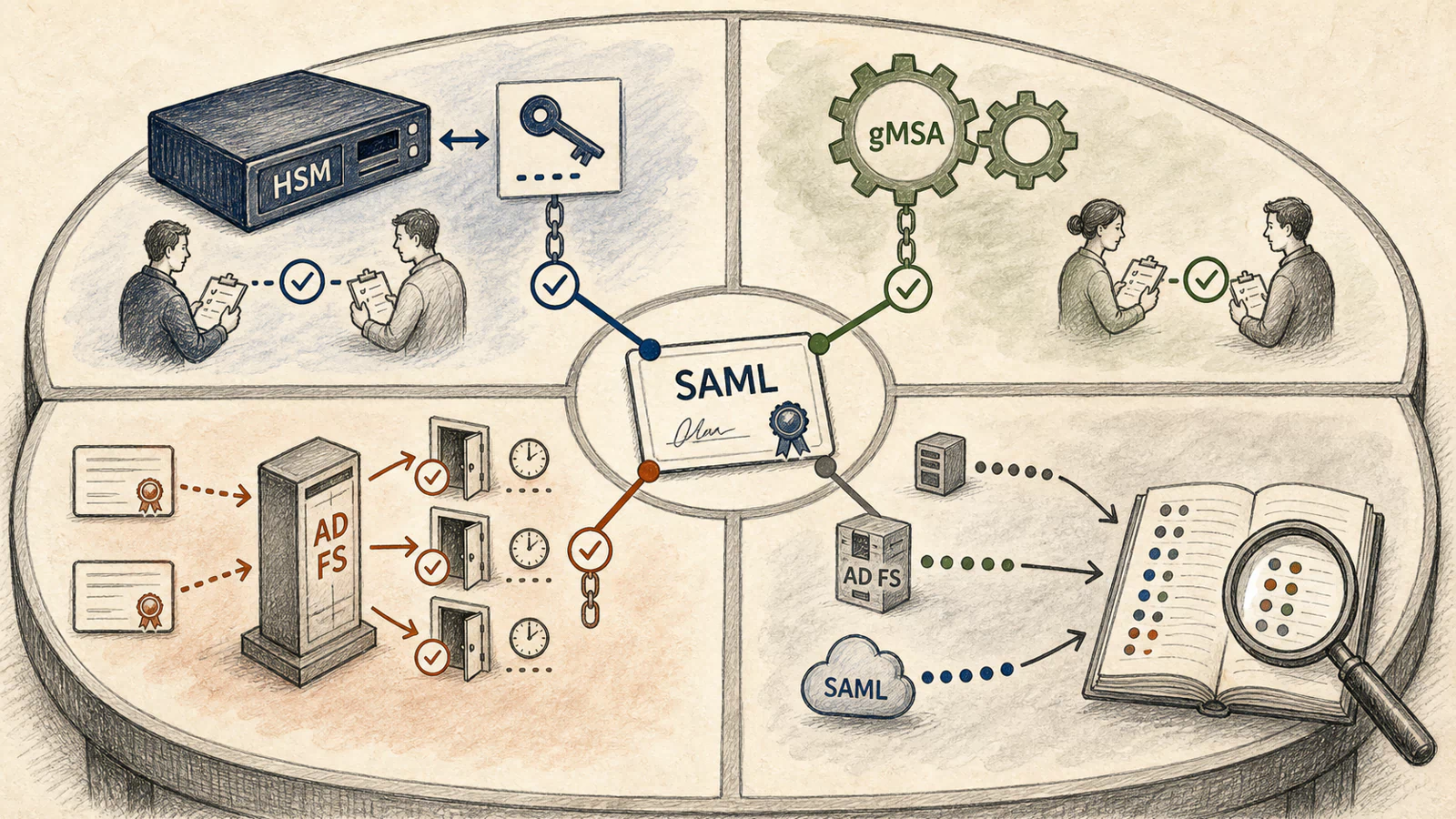 Hand-drawn four-part ownership table: HSM and two-person checks cover private-key custody; gMSA gears and two-person checks cover service identity; AD FS certificates and doors cover rollover consumption; host, AD FS, and SAML event dots converge into an audit ledger; four separate lines support the central SAML card.