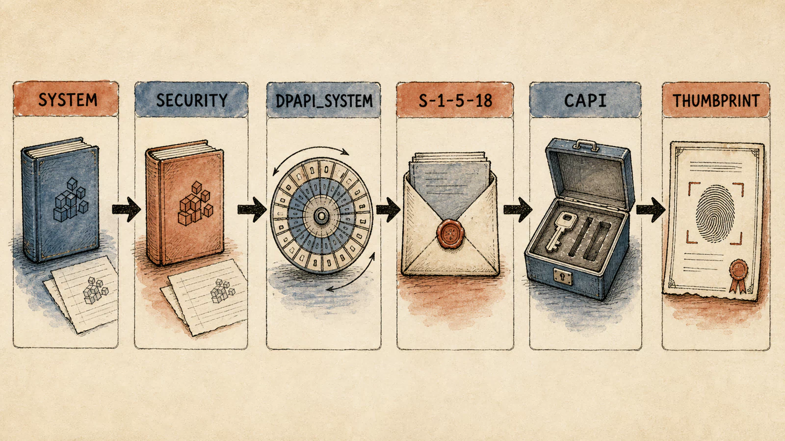 Hand-drawn Machine DPAPI dependency chain: SYSTEM and SECURITY hives lead to the boot key and DPAPI_SYSTEM, then the S-1-5-18 master key, CAPI container, RSA private key, and matching certificate thumbprint; each layer is shown as necessary but insufficient alone.