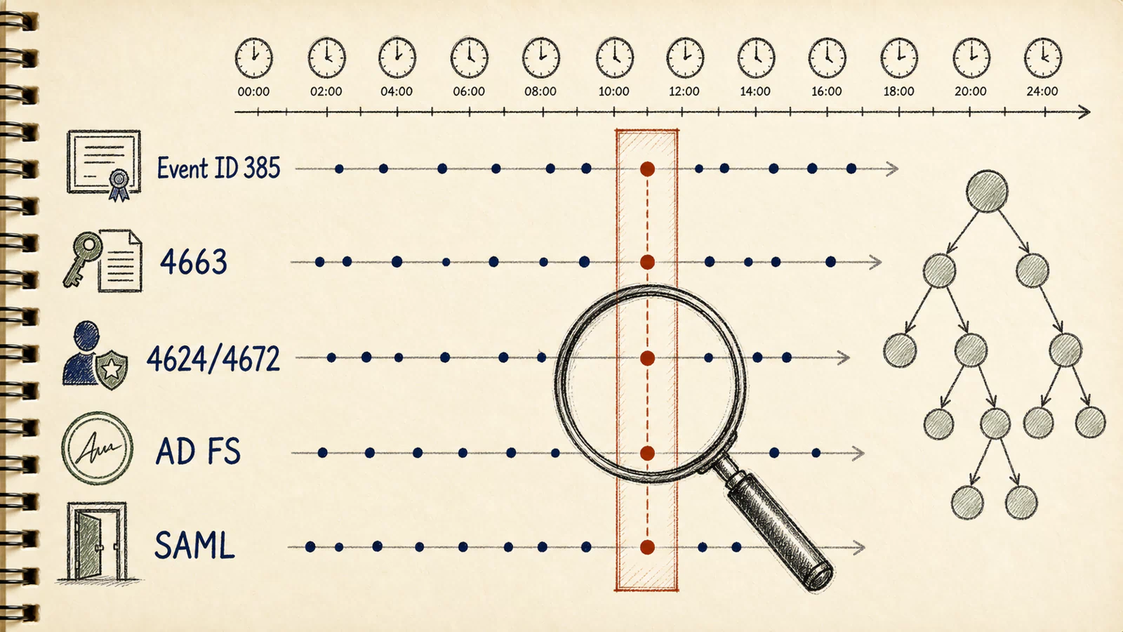 Hand-drawn five-track timeline for Event ID 385, 4663, 4624/4672, AD FS, and SAML: ordinary events remain separate navy dots, while a narrow rust-red investigation window aligns one dot on every track under a magnifying glass; a generic unlabeled process tree sits at right.