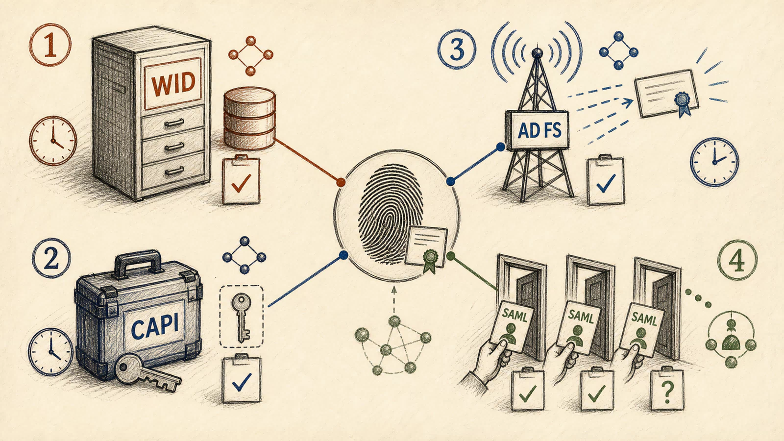 Hand-drawn four-plane evidence map: numbered stations show a WID drawer, CAPI key case, AD FS publication tower, and doors receiving SAML cards; four independent lines meet only at the central certificate fingerprint, with clocks, checks, and a question mark preserving uncertainty.