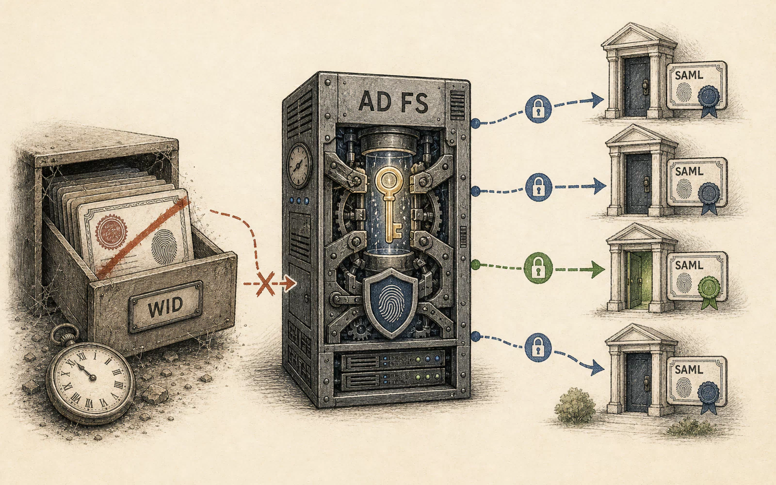 Hand-drawn federation investigation on warm paper: a faded, struck-through certificate and stopped clock mark the retired record in the WID drawer; an active key remains inside the AD FS host; separate evidence lines lead to several doors accepting SAML cards.