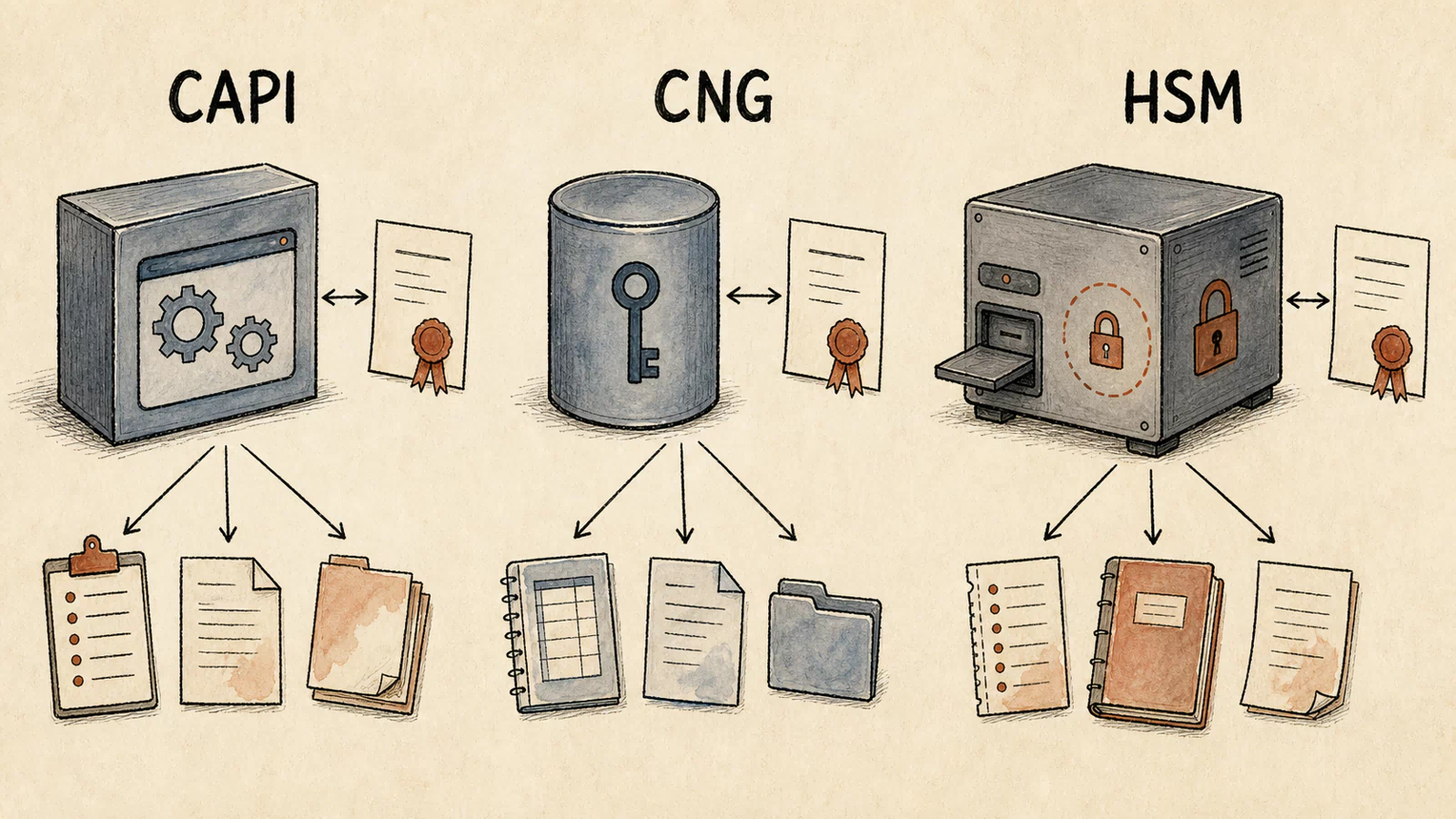Hand-drawn provider comparison showing a CAPI software container, a CNG key store, and an HSM device connected to certificate objects; host-file evidence appears for software providers, while the HSM column emphasizes controlled signing calls and non-exportability.