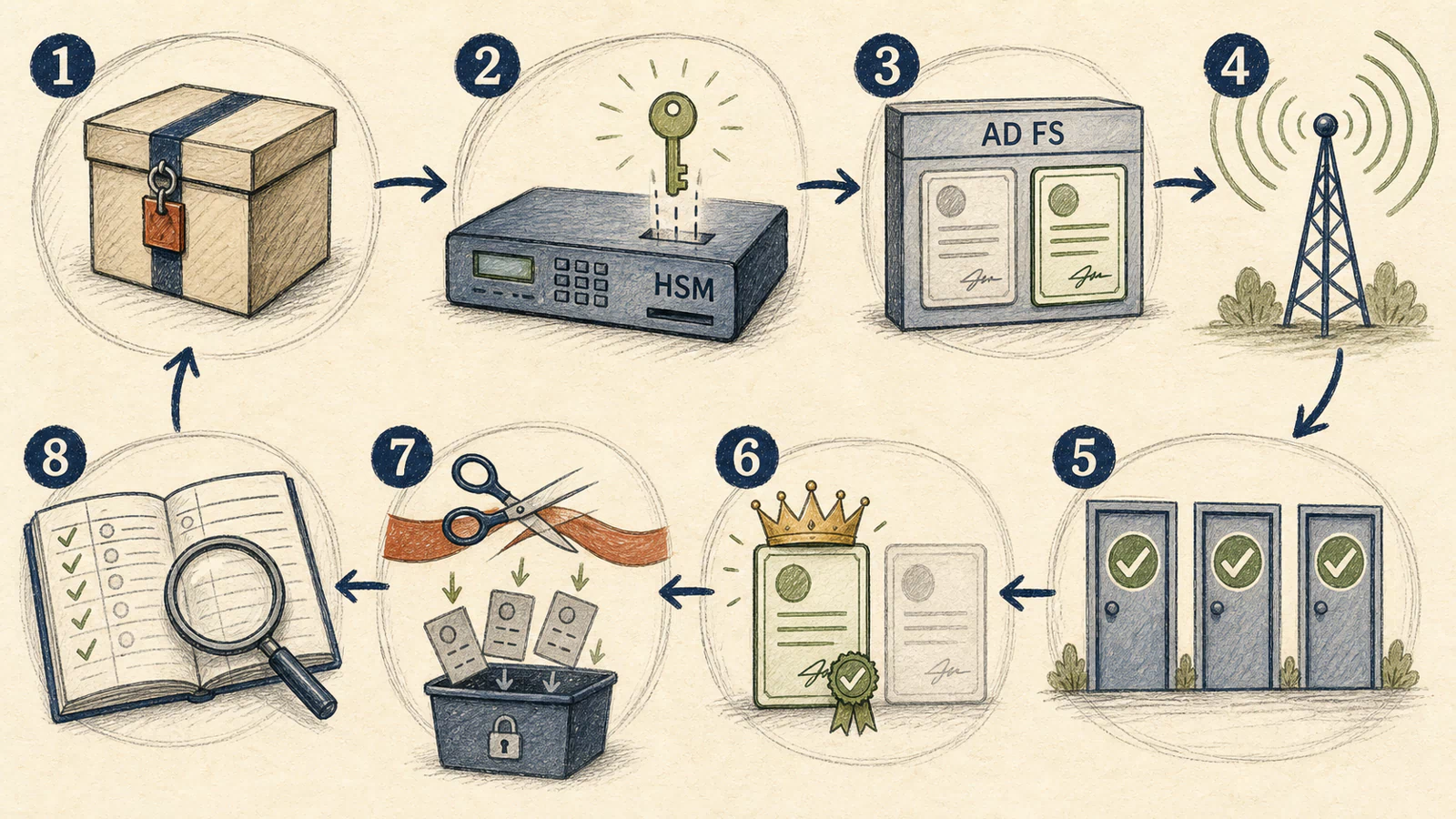 Hand-drawn clockwise sequence numbered one through eight: seal evidence, create a key in an HSM, place old and new certificates in AD FS, broadcast the public certificate, confirm three consumer doors, crown the new certificate while fading the old, cut old trust and lock session tickets, then inspect the audit ledger.