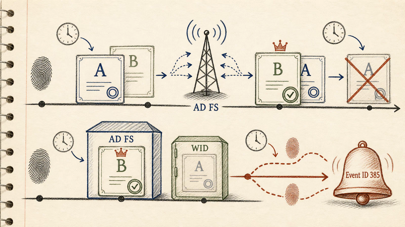 Hand-drawn dual timeline: certificate cards A and B, a broadcast tower, a crown, and a crossed-out card depict overlap, promotion, and retirement; below, AD FS holds crowned B while WID retains faded A, and the split evidence path reaches an Event ID 385 bell.