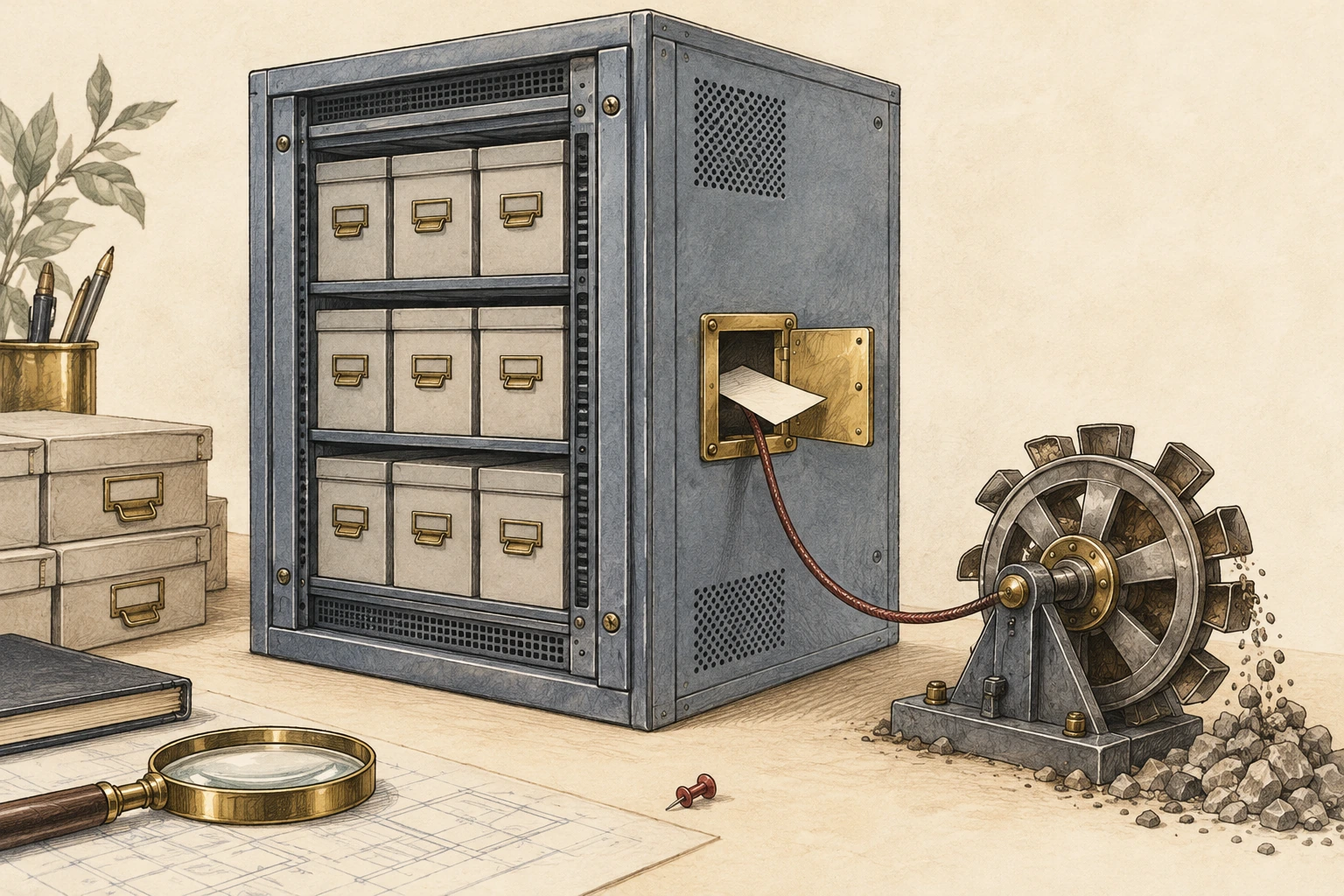 Warm-paper conceptual illustration of a backup archive cabinet with a maintenance opening connected to a small mining machine.