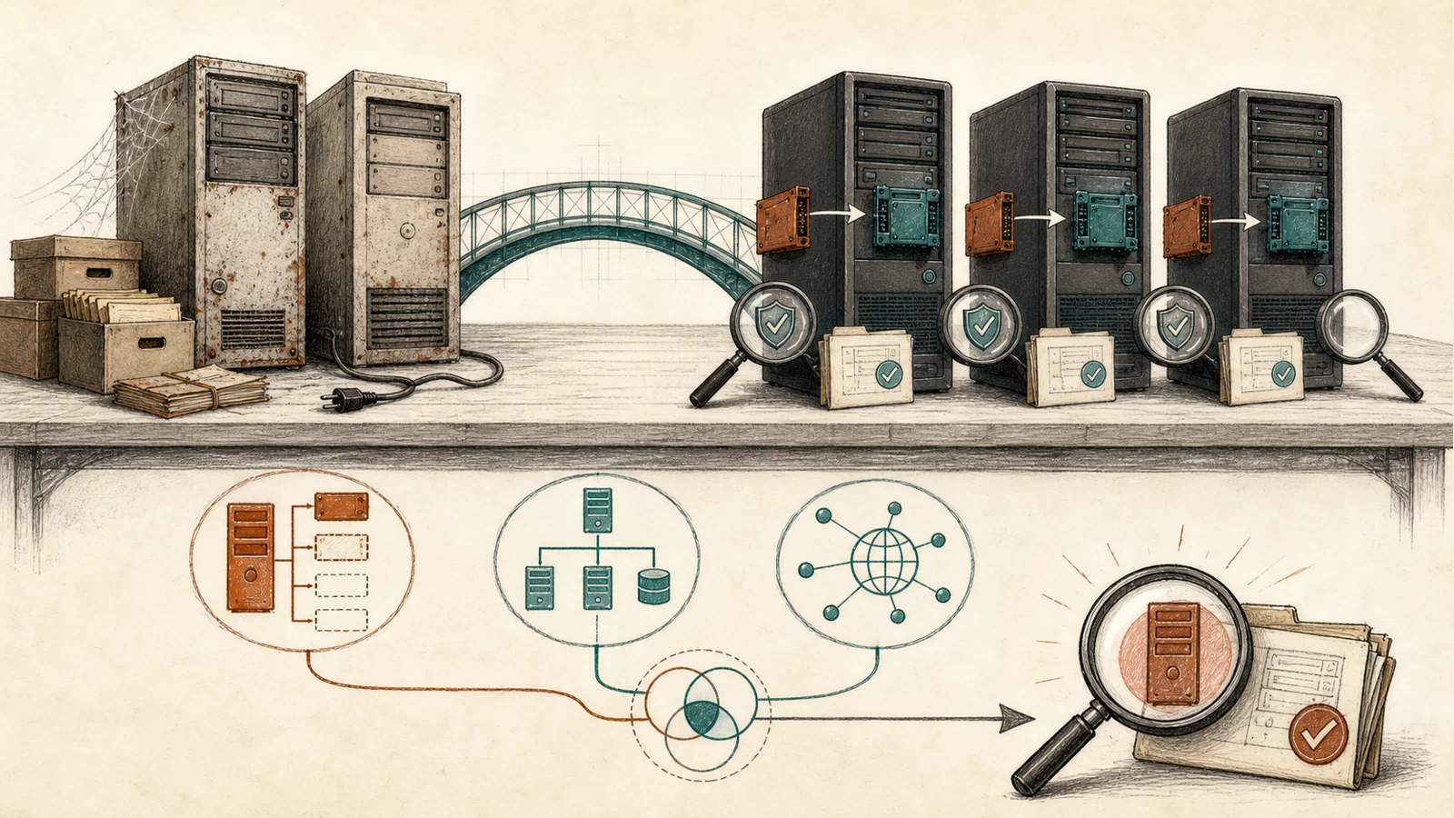A hand-drawn fleet bench shows two retired server lines crossing a migration bridge toward three maintained lines, while version, policy, and reachability evidence converge under magnifying glasses.
