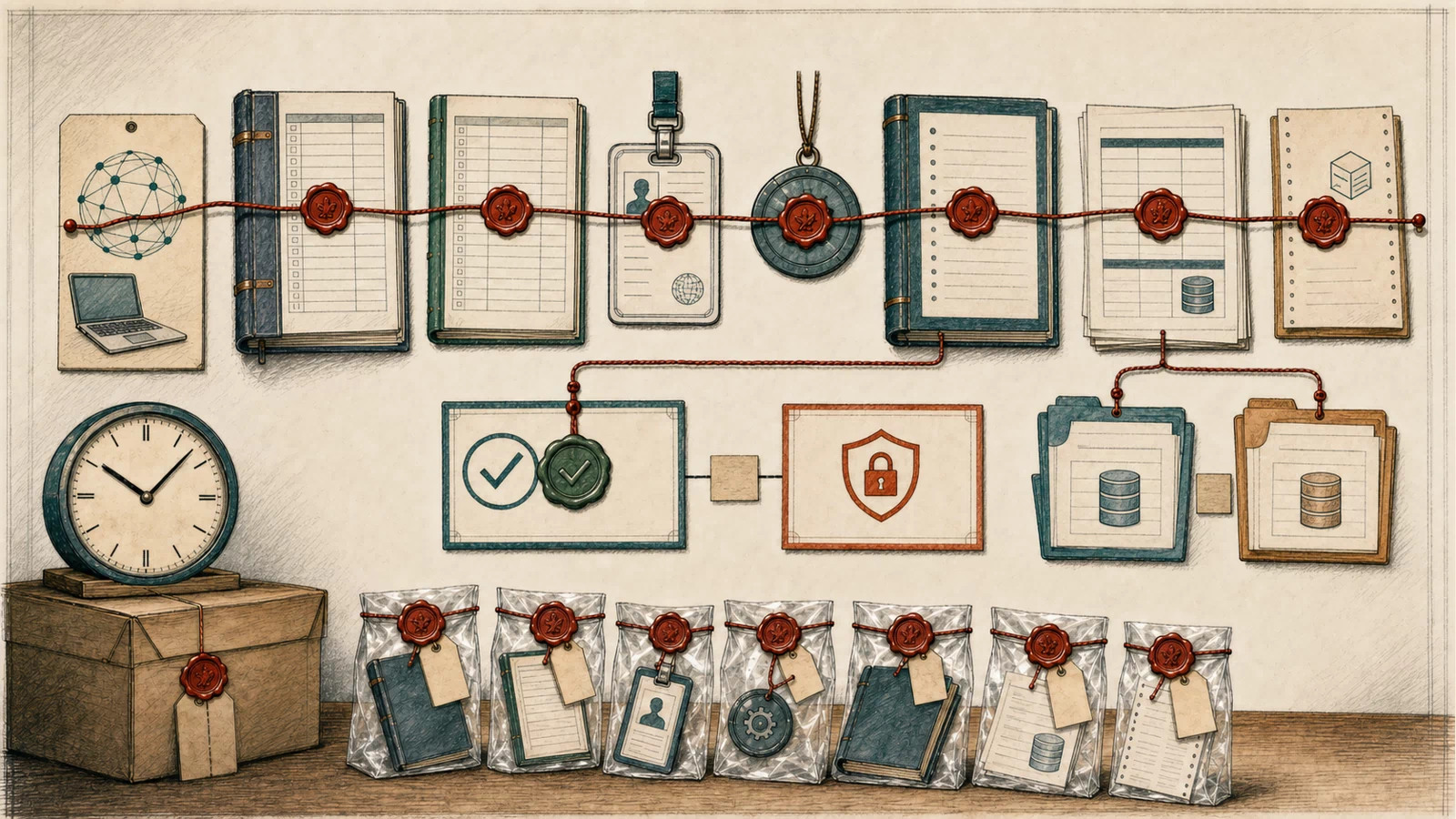 A hand-drawn evidence wall joins proxy and Tomcat ledgers, identity and method tokens, application audit, database snapshots, and downstream receipts with one sealed request thread.