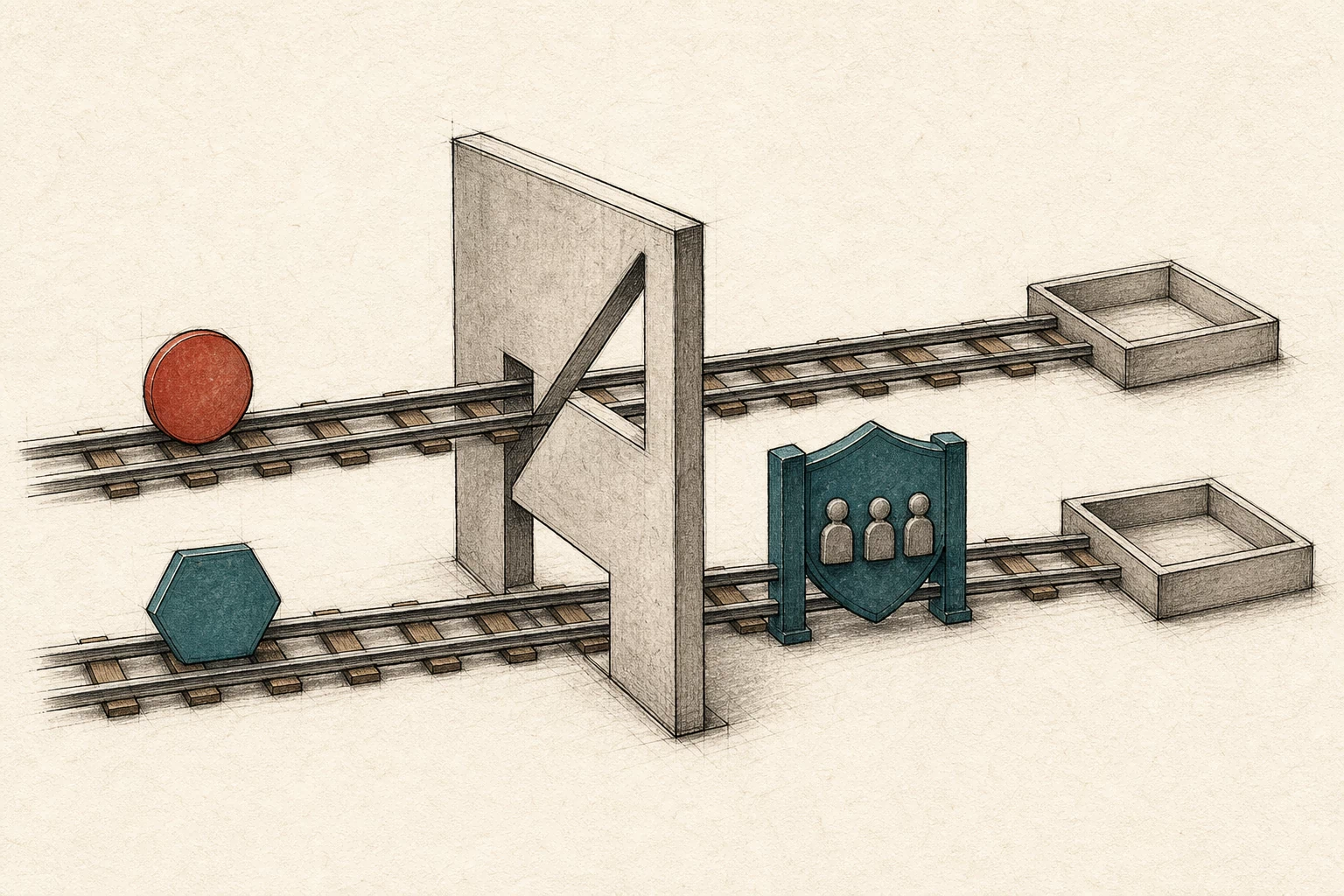 A warm hand-drawn slash gate receives two distinct request tokens on separate left-to-right rails; the upper public rail reaches an open tray, while the lower protected rail passes through a three-role shield checkpoint.