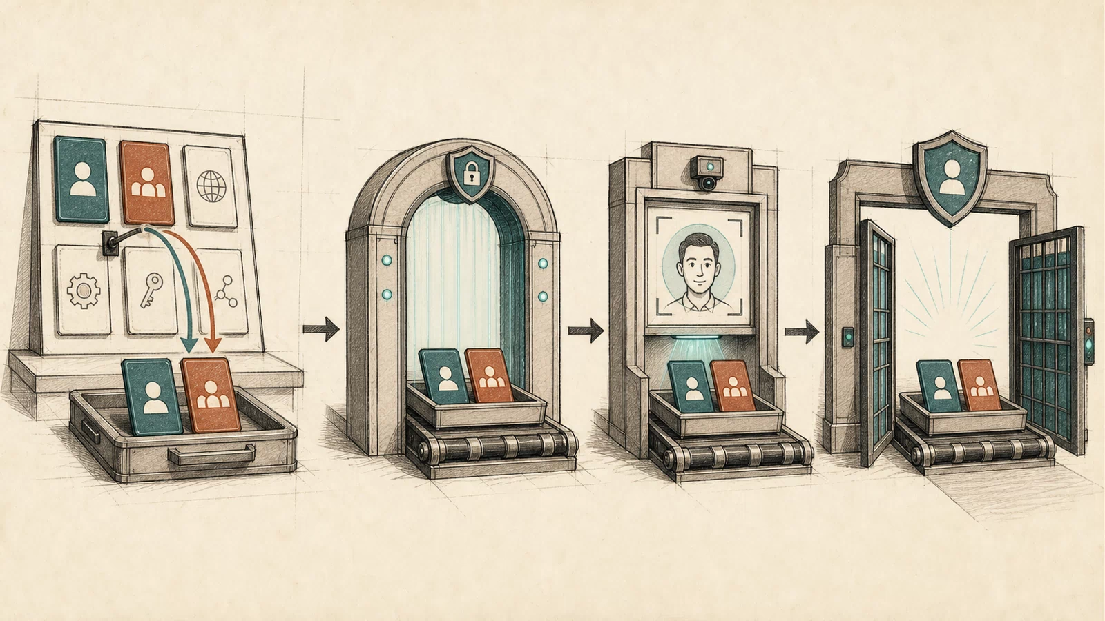 A hand-drawn policy relay shows a selector passing an extra public token into an otherwise orderly transport, identity, and role checkpoint.