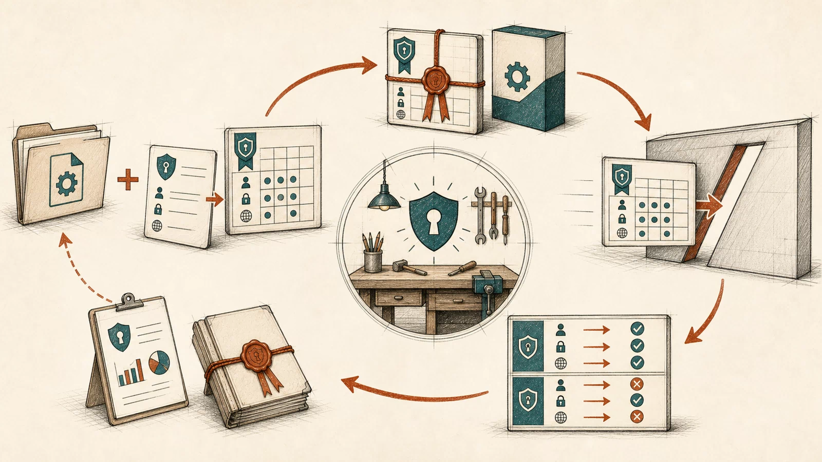 A hand-drawn circular workshop carries one teal policy artifact from descriptor assembly through signed release, slash-gate deployment, method-role testing, runtime evidence, and archived review.