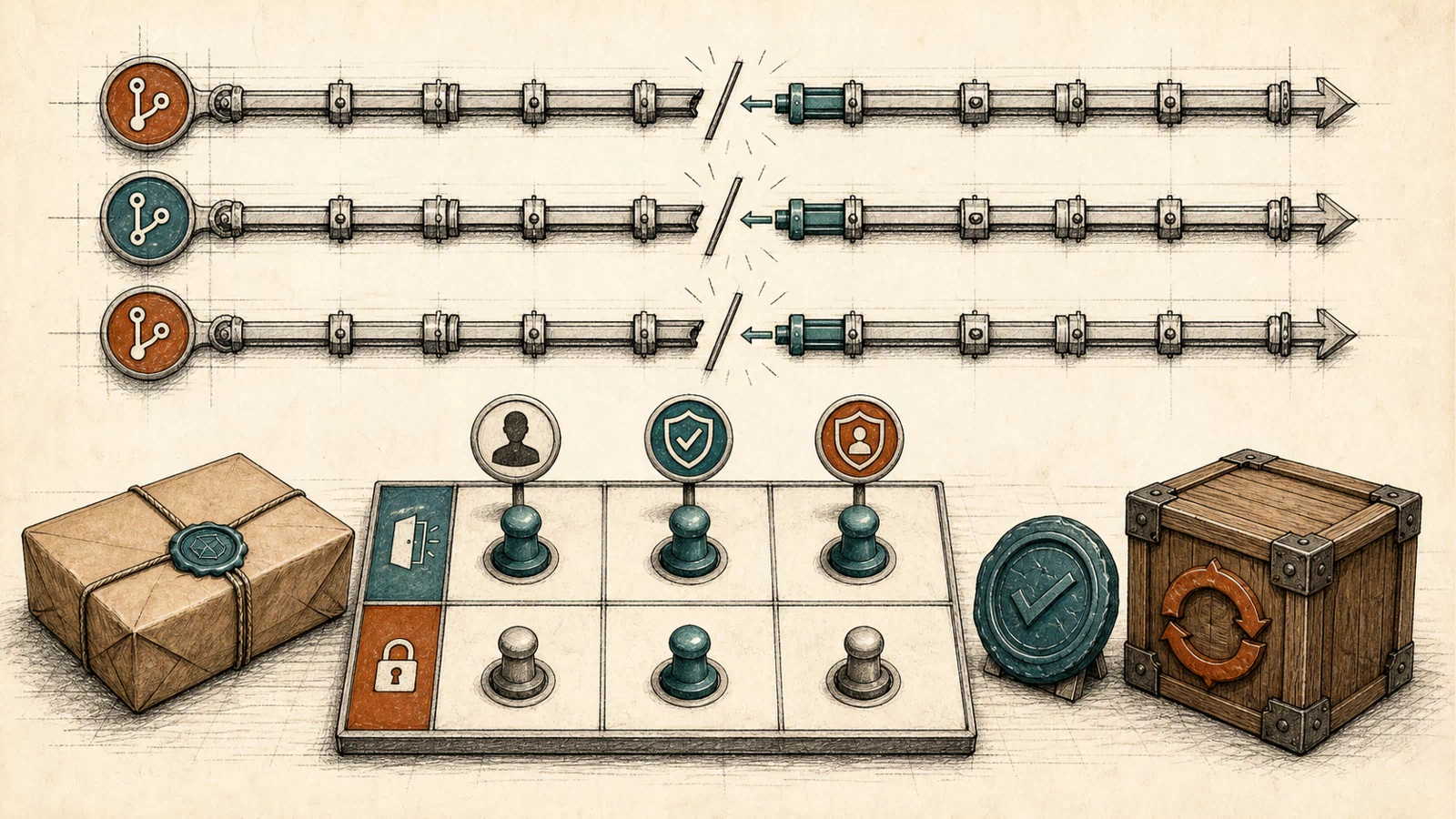 A hand-drawn release bench shows the same restored connector across three maintained rails above a six-cell method-by-identity test board, with a signed package and rollback crate.