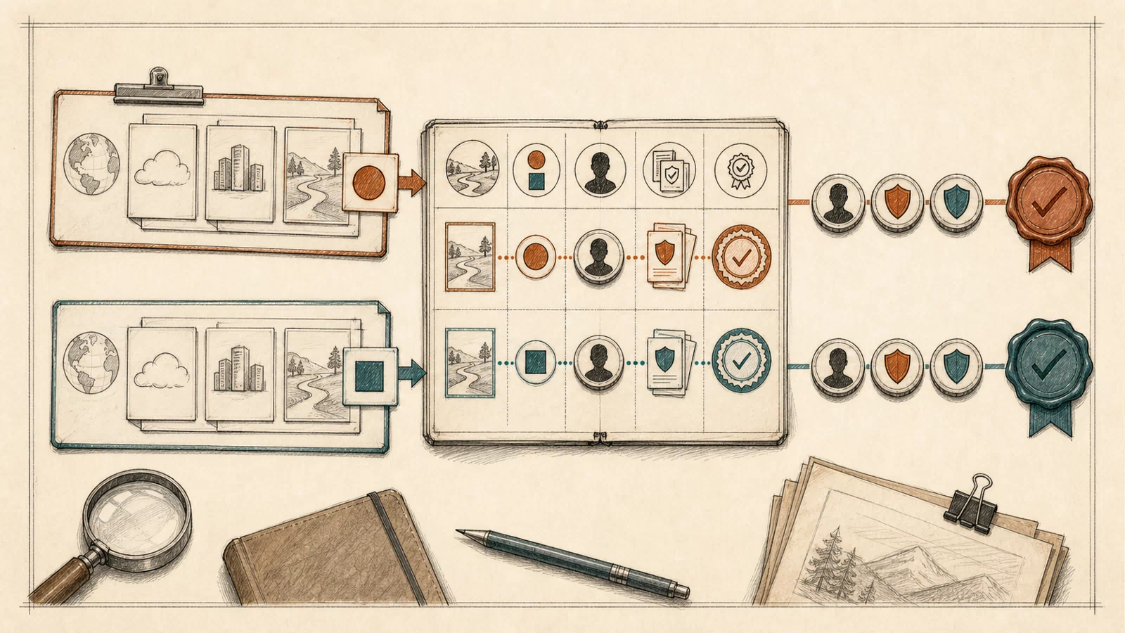 A hand-drawn evidence desk compares two identical request paths in separate method lanes, with principal tokens and response seals arranged in a case ledger.