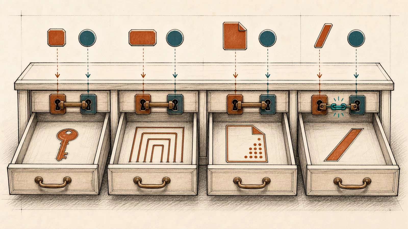 A hand-drawn routing cabinet sends requests through exact, prefix, extension, and default drawers; the final drawer is shown receiving a restored method token.