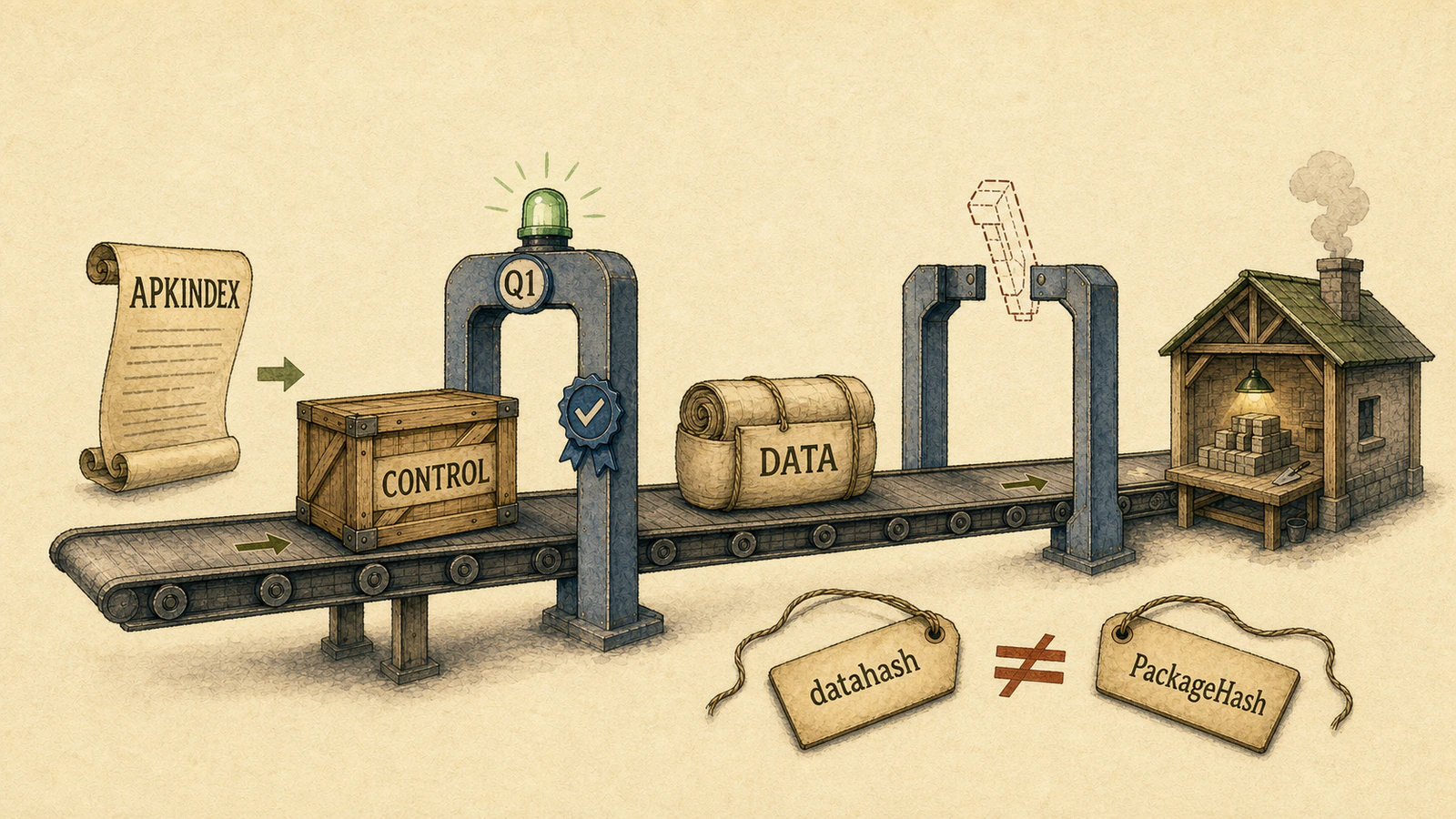An old receiving path compares APKINDEX with the control member while datahash and PackageHash beside the data member remain disconnected from final release.