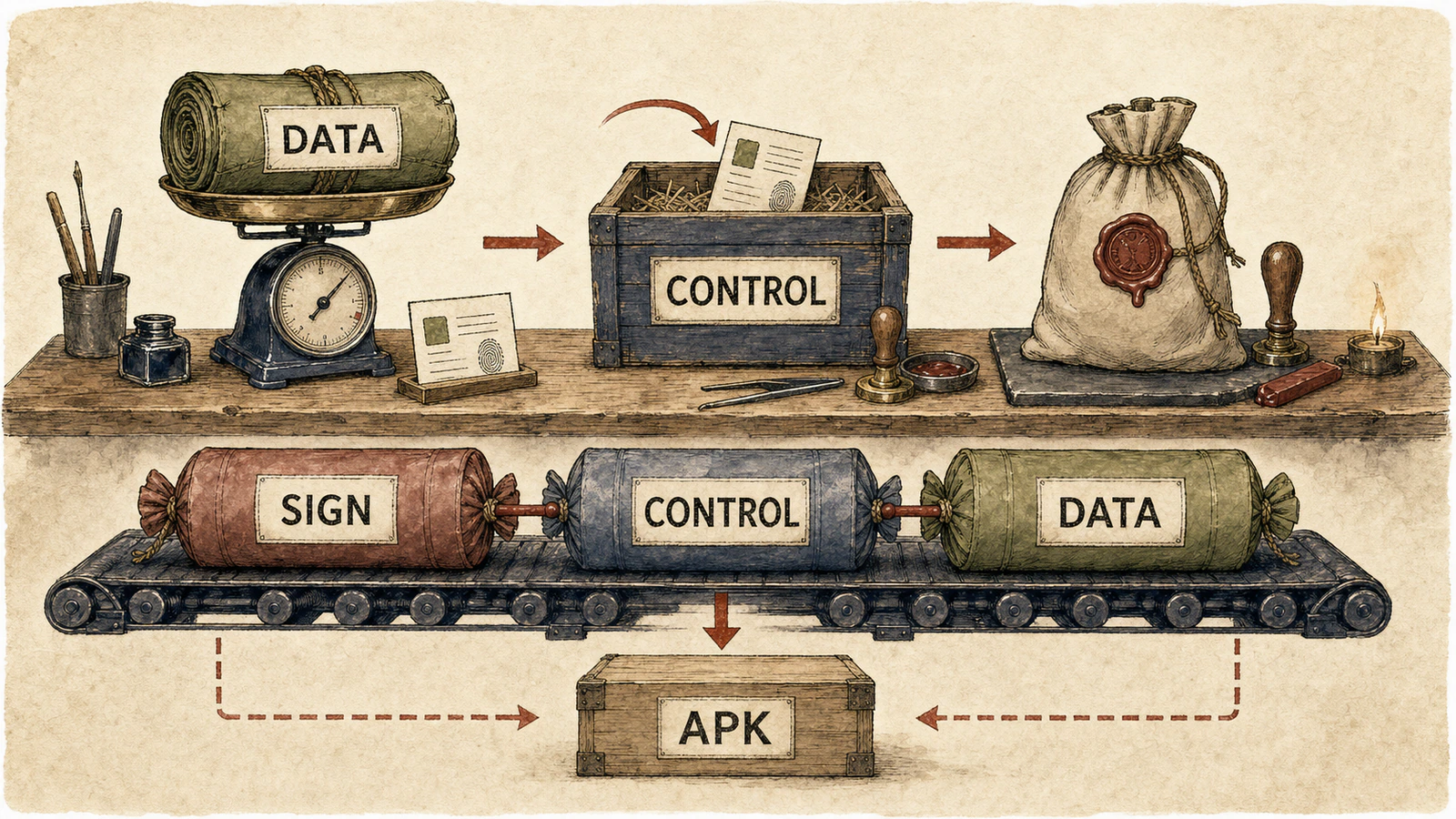 A warm-paper package workshop showing data, control, and signature production order above the final SIGN, CONTROL, DATA sequence of three consecutive gzip members.