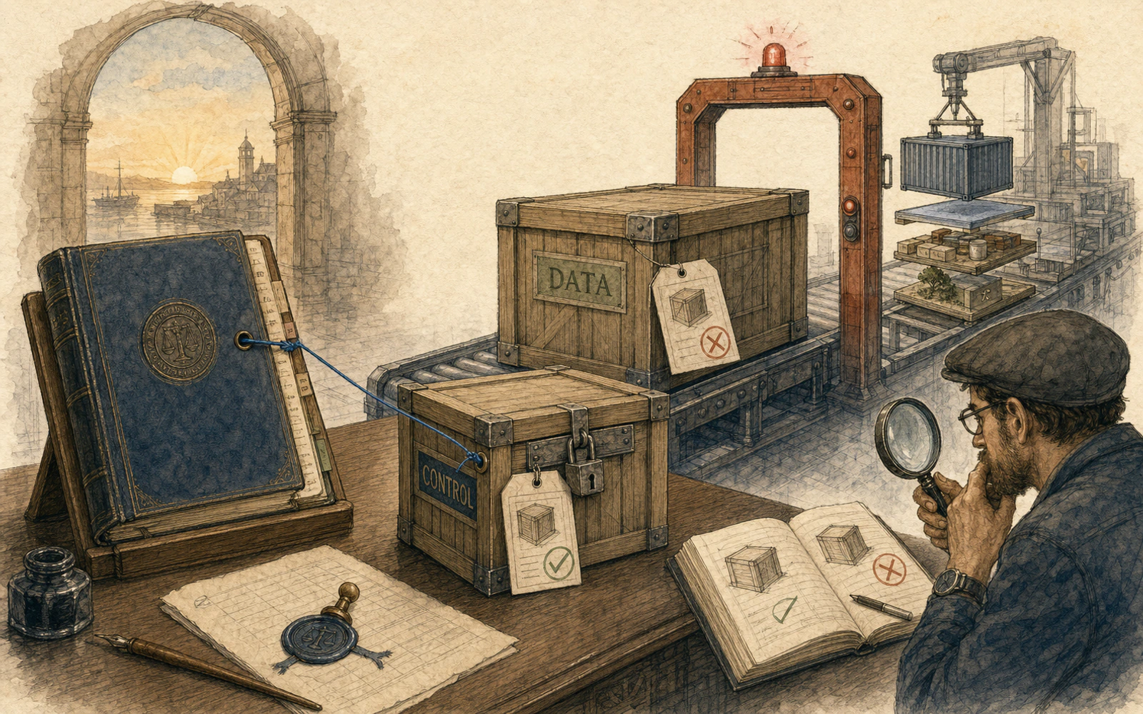 A warm-paper illustration of an APK receiving desk where the signed index and control member have passed inspection while the data member waits at the final digest comparison.