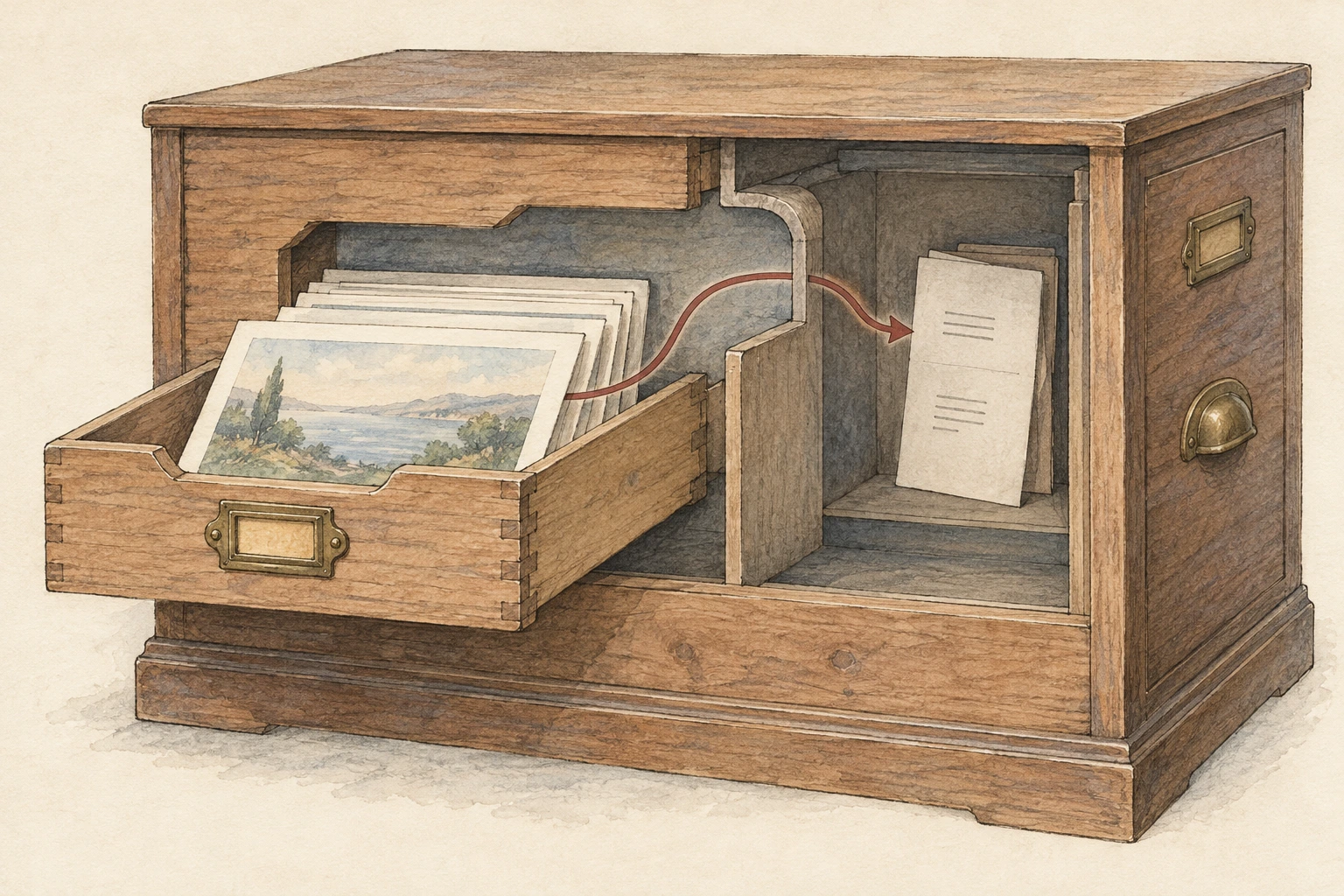 Warm-paper drawing of a filing cabinet: a red path leads from its public image drawer around an internal divider to a document compartment, while the outer cabinet remains intact.