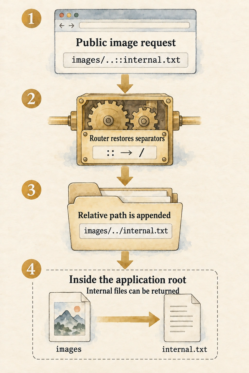Router restores double colons in a public resource name to slashes, the relative path is appended, and an internal document within the application can be returned.