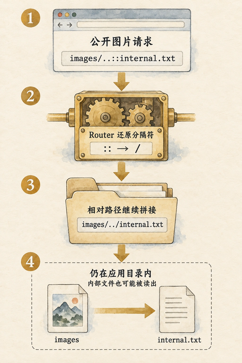 公开资源名中的双冒号经 Router 还原为斜杠，相对路径继续拼接，应用目录内的内部文档可能被返回。