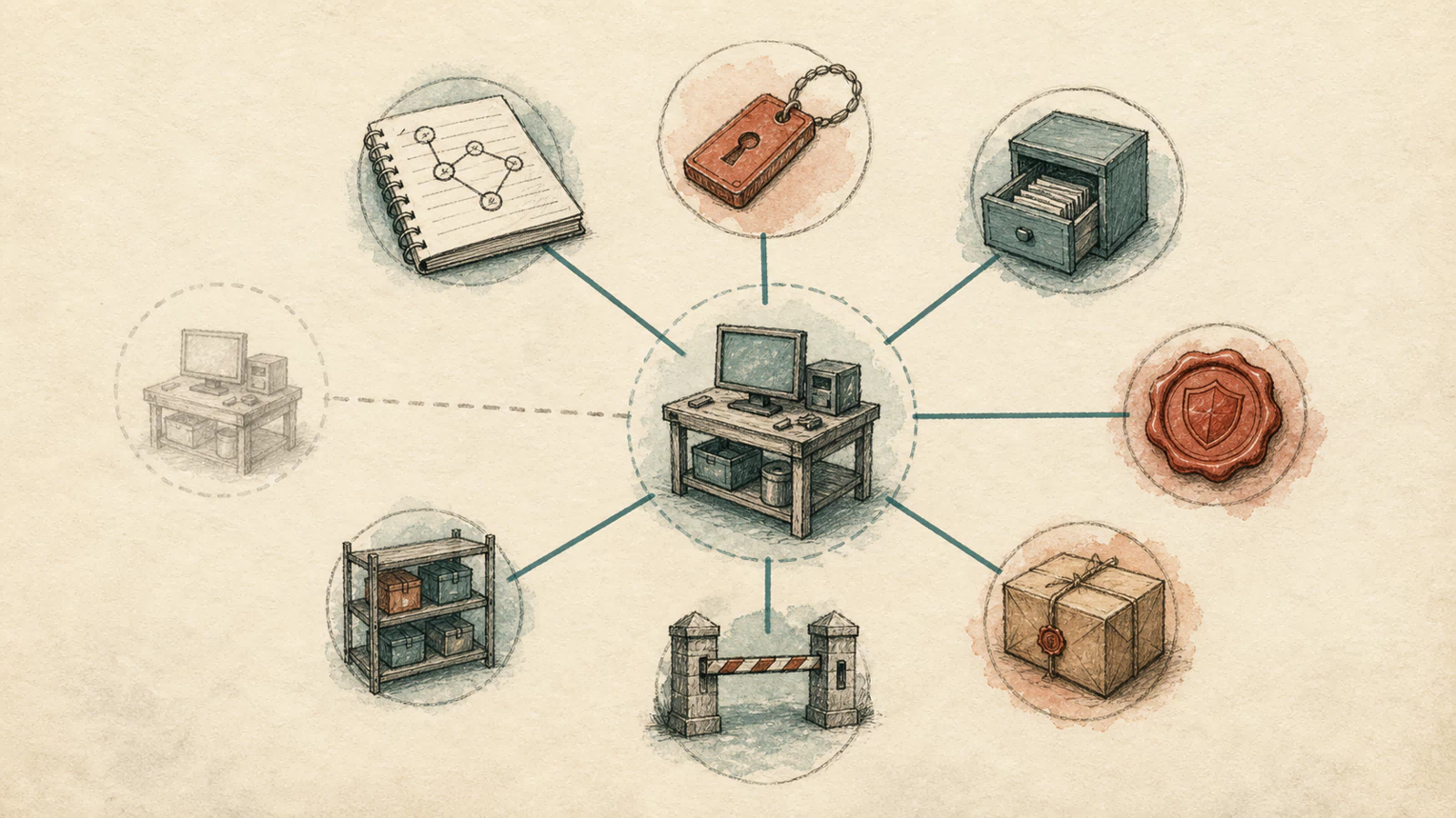 A hand-drawn build runner sits at the center of a trust graph linking source, short-lived identities, caches, signing, artifact storage, and deployment gates.