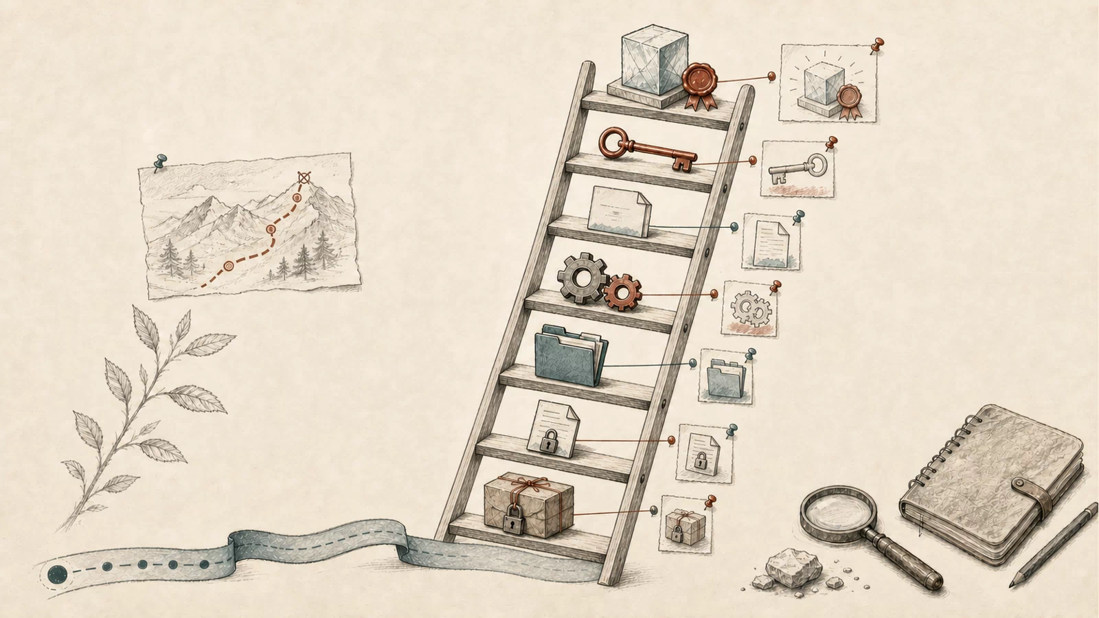 A hand-drawn seven-rung evidence ladder rises from version eligibility through lock resolution, installation, script execution, payload delivery, identity use, and rebuilt artifact confidence.