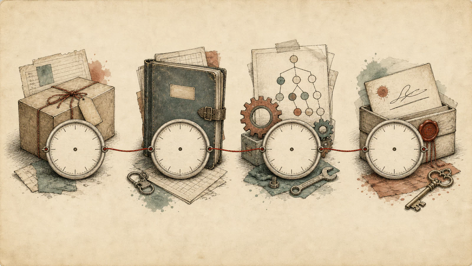 Four hand-drawn clocks connect registry publication, lock resolution, install execution, and later credential or artifact use without collapsing them into one event.