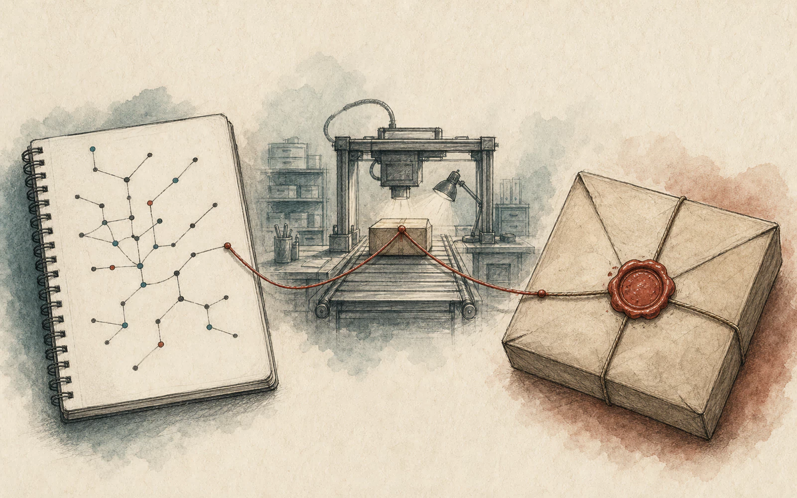 A hand-drawn investigation desk separates a clean source notebook from a differently sealed registry parcel before the parcel reaches a build runner.