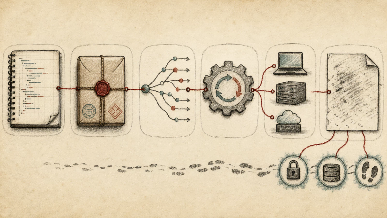 Six hand-drawn stages connect clean source, a divergent registry parcel, dependency resolution, an install lifecycle gear, platform delivery, and evidence replacement.