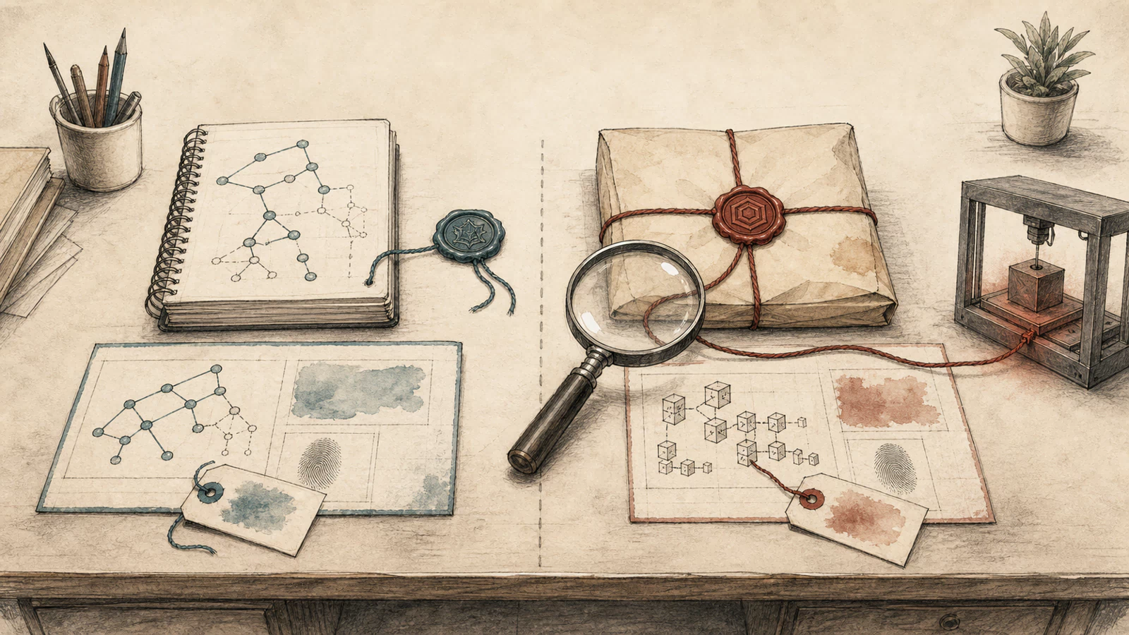 A hand-drawn evidence desk separates a clean source notebook from a differently sealed registry parcel and follows the parcel into a build runner.