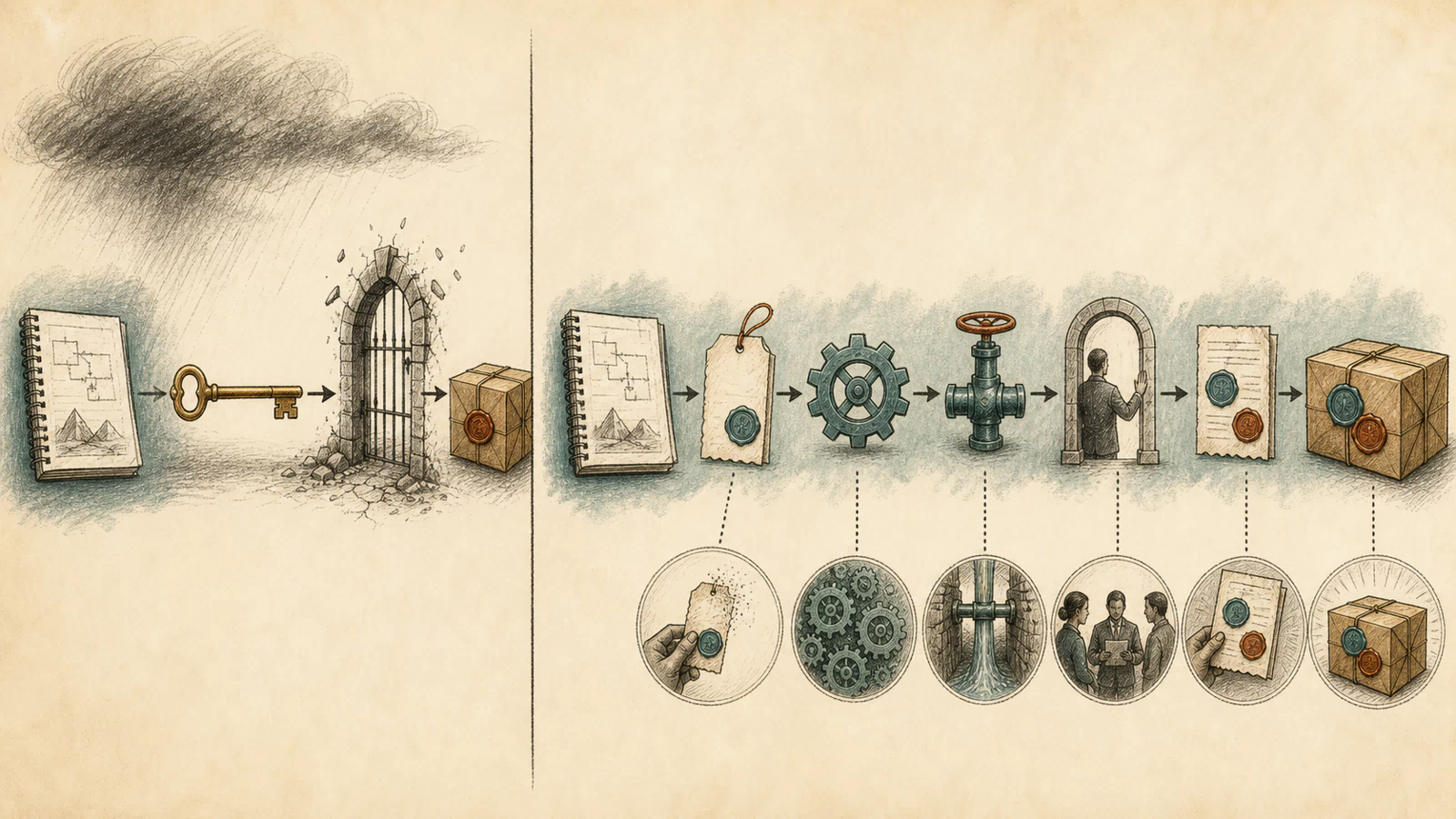 A hand-drawn before-and-after release path replaces a reusable registry key with a short-lived workflow identity, approval gate, provenance receipt, and staged publication.