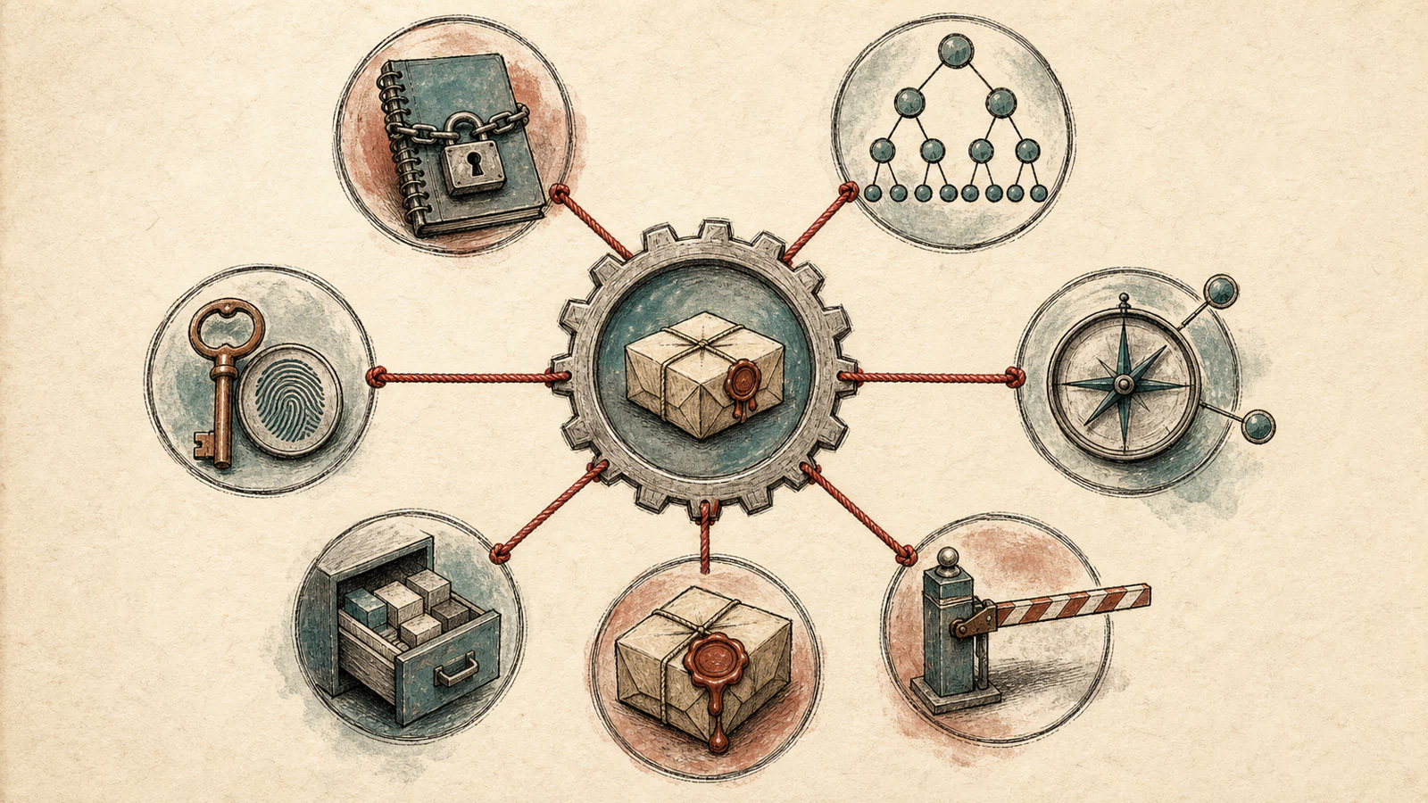 A hand-drawn investigation board joins lock records, runner processes, network events, identity issuance, caches, artifacts, and deployment history around one install event.