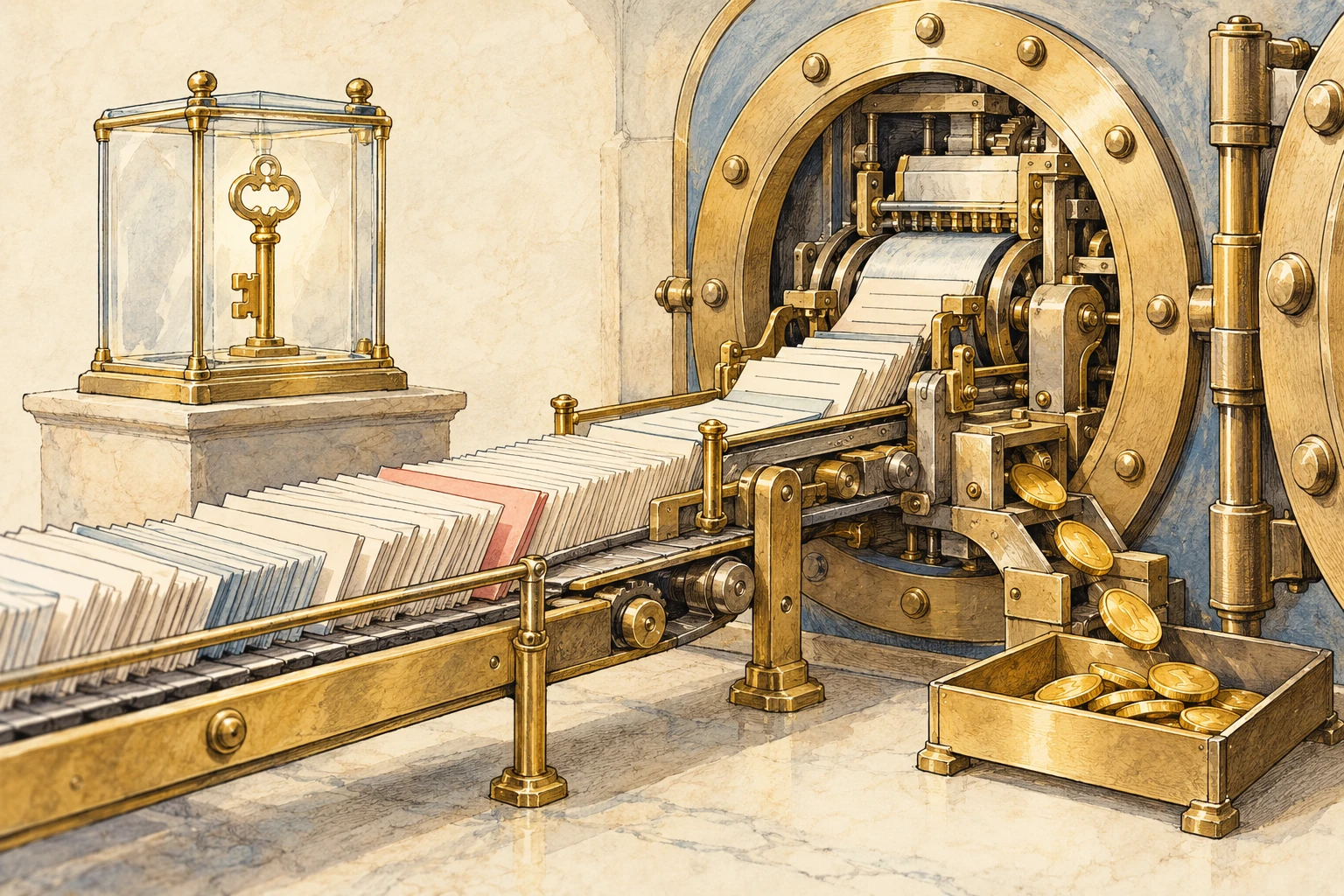 Warm-paper illustration of withdrawal slips entering a payment machine, with one altered slip in the stack and a key still held inside a glass case.