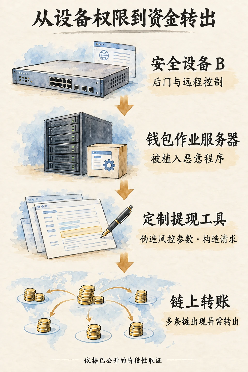 安全设备 B 上的后门通向钱包作业服务器,定制工具伪造风控参数和提现请求,随后出现多链资金转出。