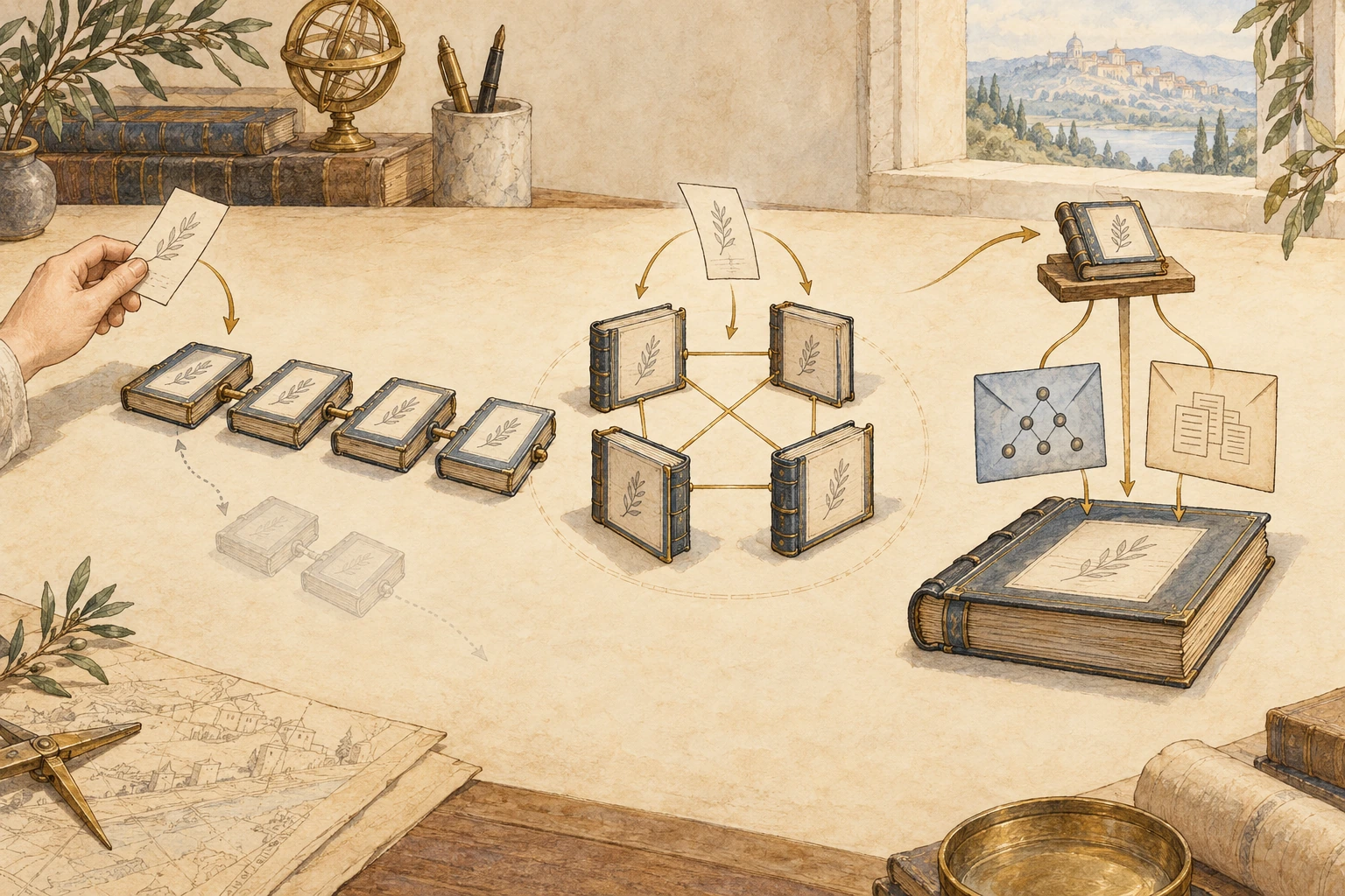 Three arrangements of hand-drawn ledgers: a branching chain, a verifying network and an execution ledger submitting separate proof and data.