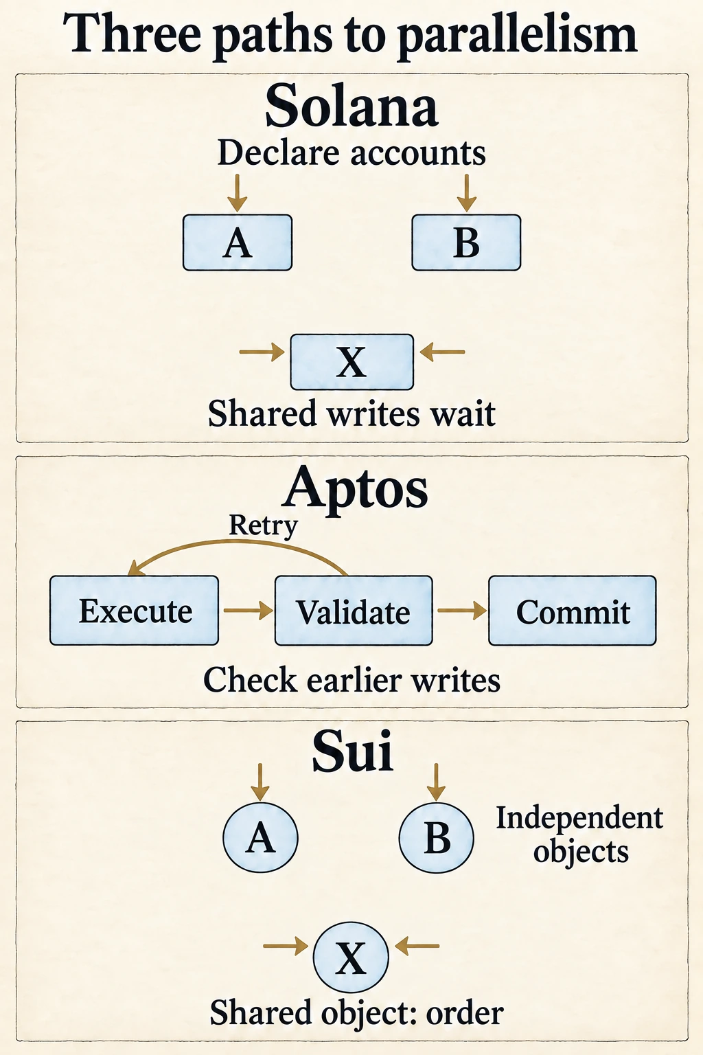 Solana declares account access, Aptos speculates and validates reads, and Sui tracks object dependencies; shared mutable state still needs a consistent order.