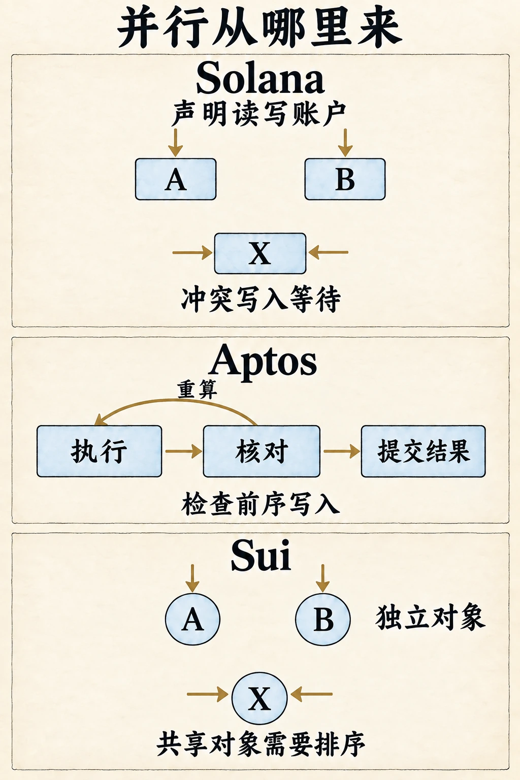 Solana 预声明账户访问,Aptos 推测执行后核对读取,Sui 跟踪对象依赖;共享可变状态仍需要一致顺序。