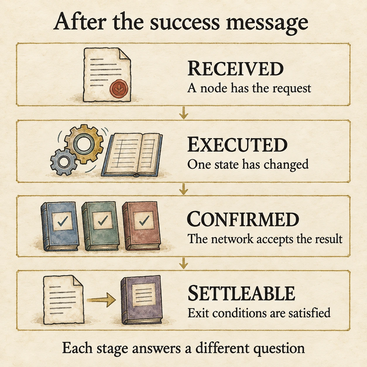 Received, executed, confirmed and settleable answer different questions about node receipt, state changes, network acceptance and exit conditions.