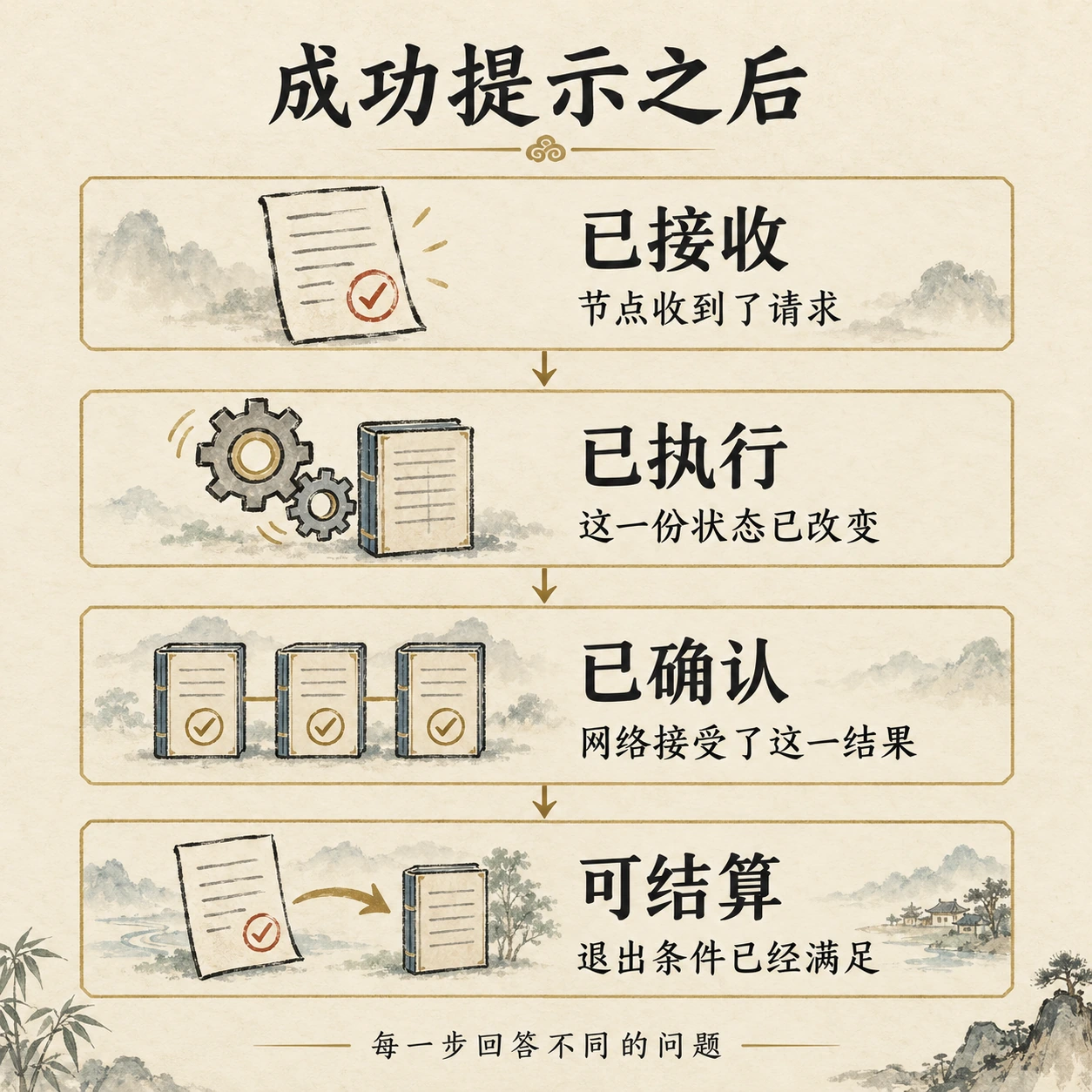 已接收、已执行、已确认和可结算分别回答节点接收、状态变化、网络接受和退出条件的问题。