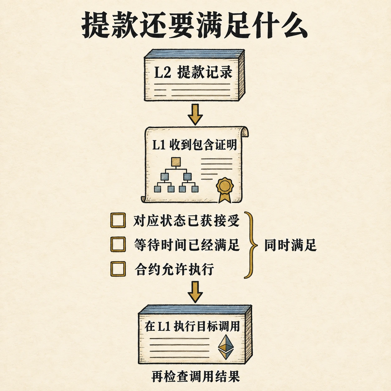 提款需要状态声明被接受、提款证明成熟、合约没有暂停,满足条件后还要执行目标调用并核对结果。