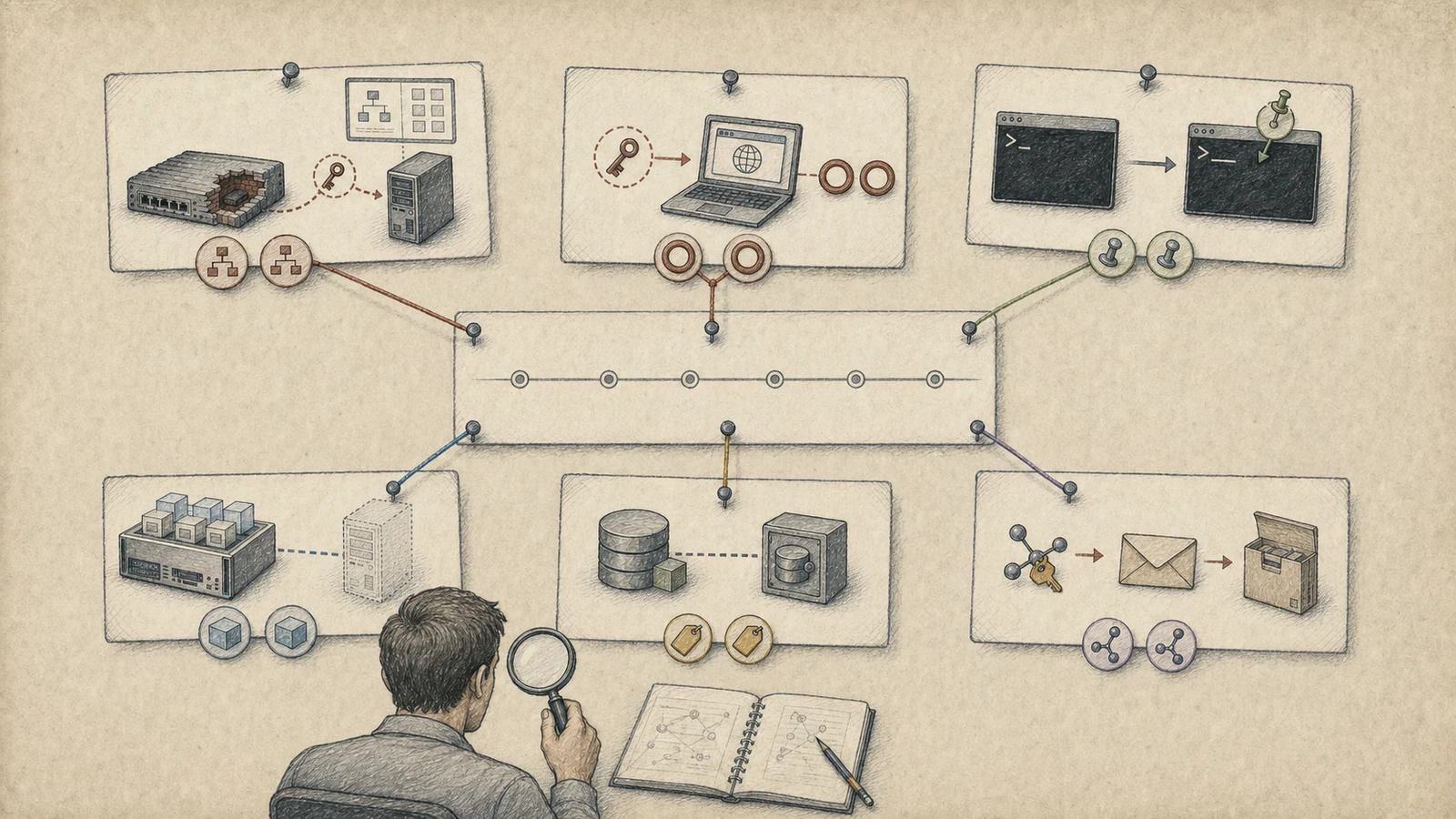 Schema of possible evidence joins among an appliance management IP, VAMI session, vCenter principal, SSH process, vSphere task key, VM object ID, datastore artifact, and mailbox application session.