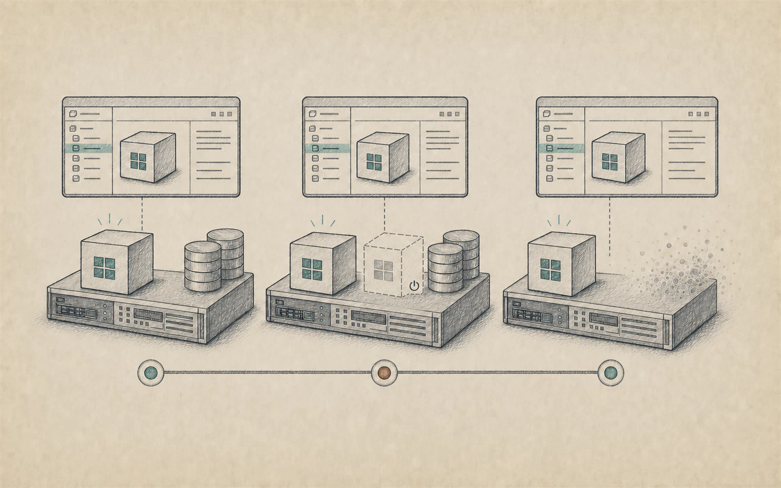 A three-stage warm-paper vCenter sequence: at 03:37 DC01 remains in place while an outlined, powered-off temporary clone appears; by 04:05 only that clone dissolves from inventory.
