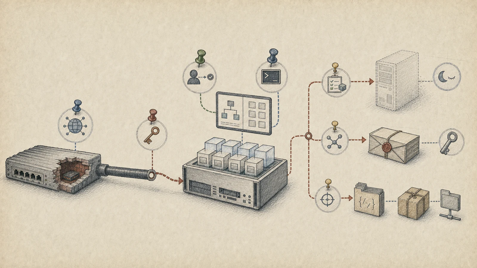 Cross-case investigation map linking separately reported evidence from under-monitored appliances, valid credentials, VAMI and vCenter actions, offline VM clones, mail, and source repositories.
